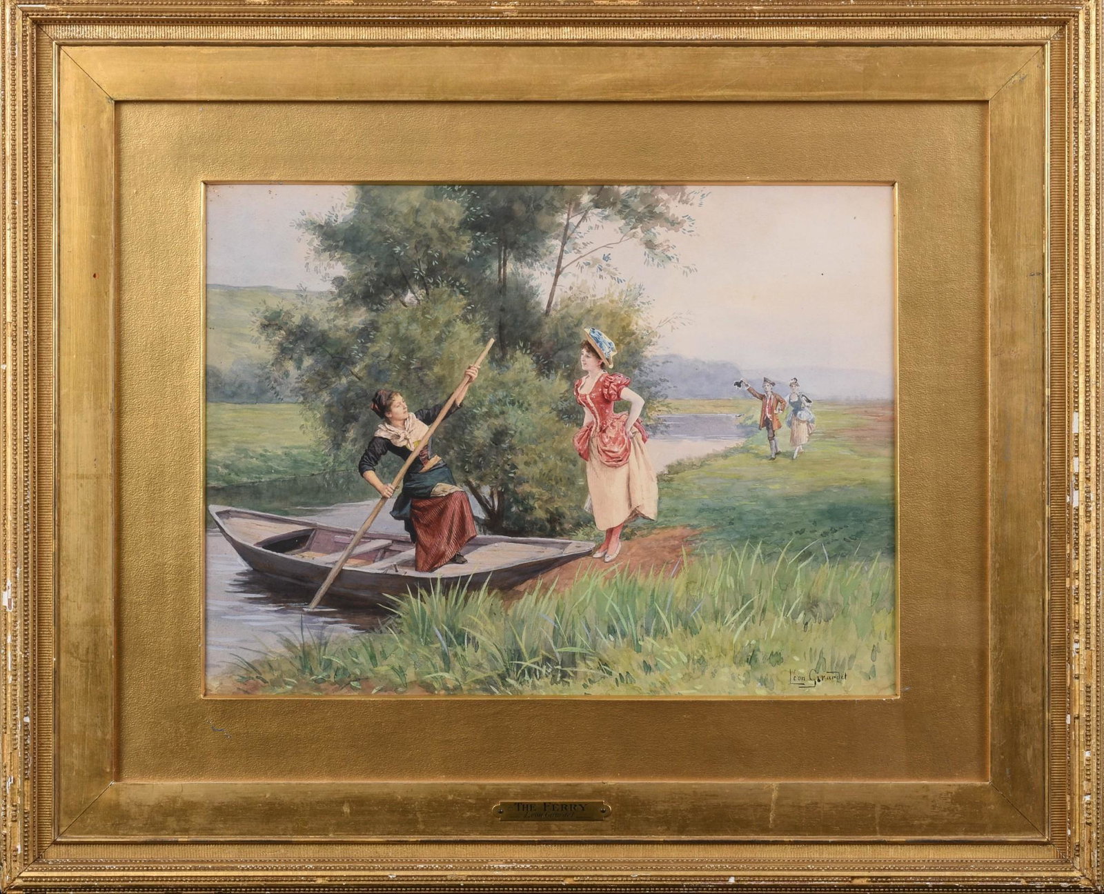 LÃ©on Girardet (1857 - 1895). The Ferry.: Watercolor on paper, 13 x 17.75 inches, signed lower right.