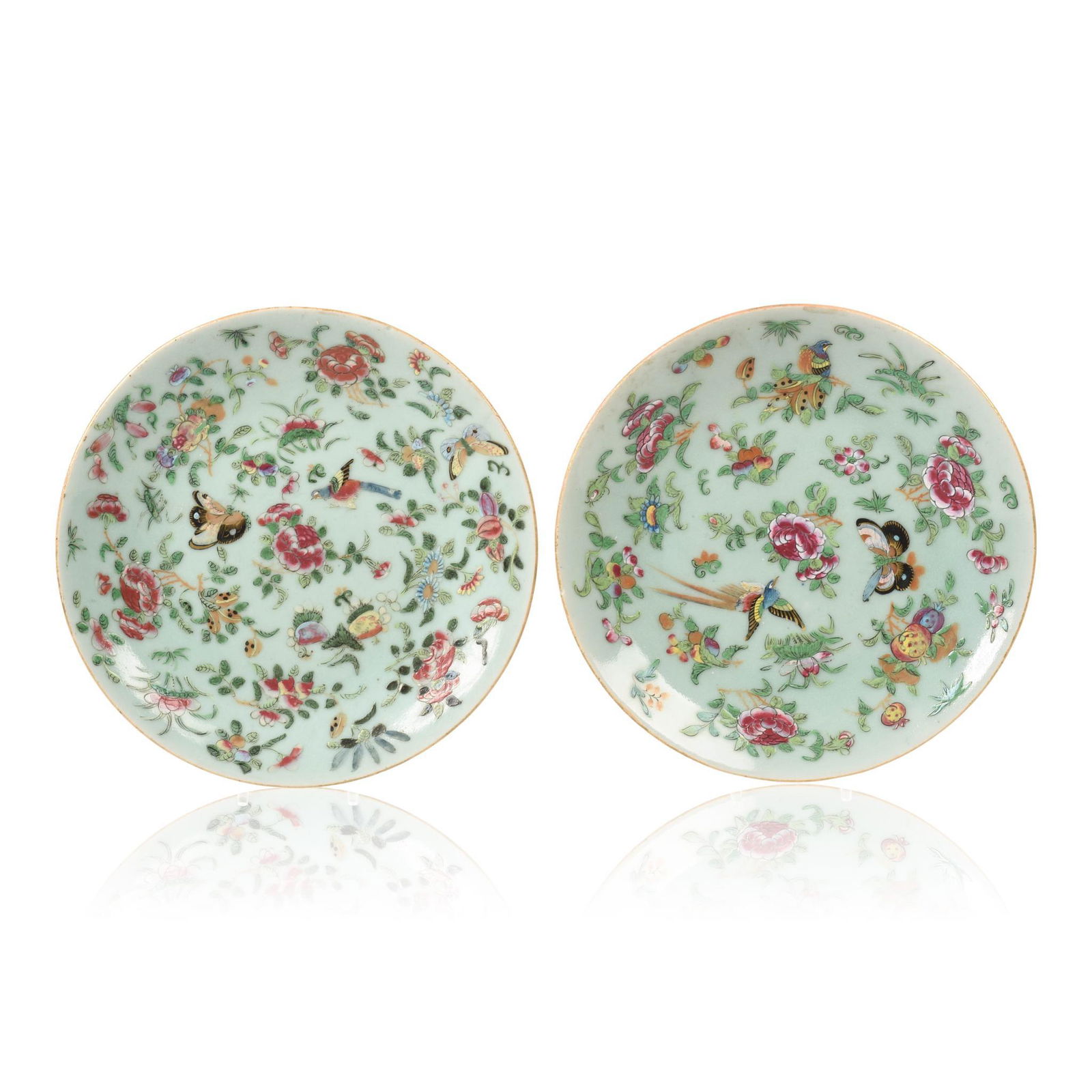Pair of Chinese Famille Rose Celadon Ground Plates (1 of 2)