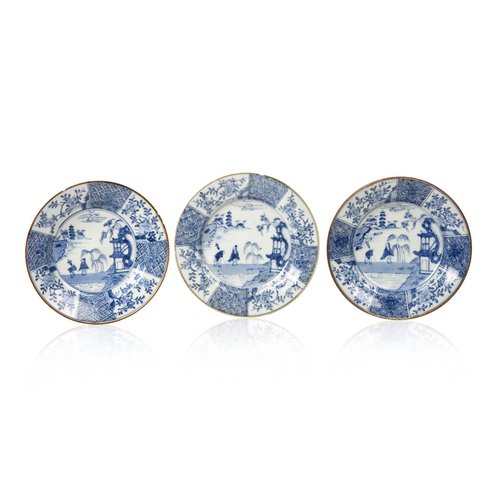 Three 18TH Century Chinese Blue and White Porcelain: Diameters 8.25 inches, chips and hairline cracks, see photos for details.