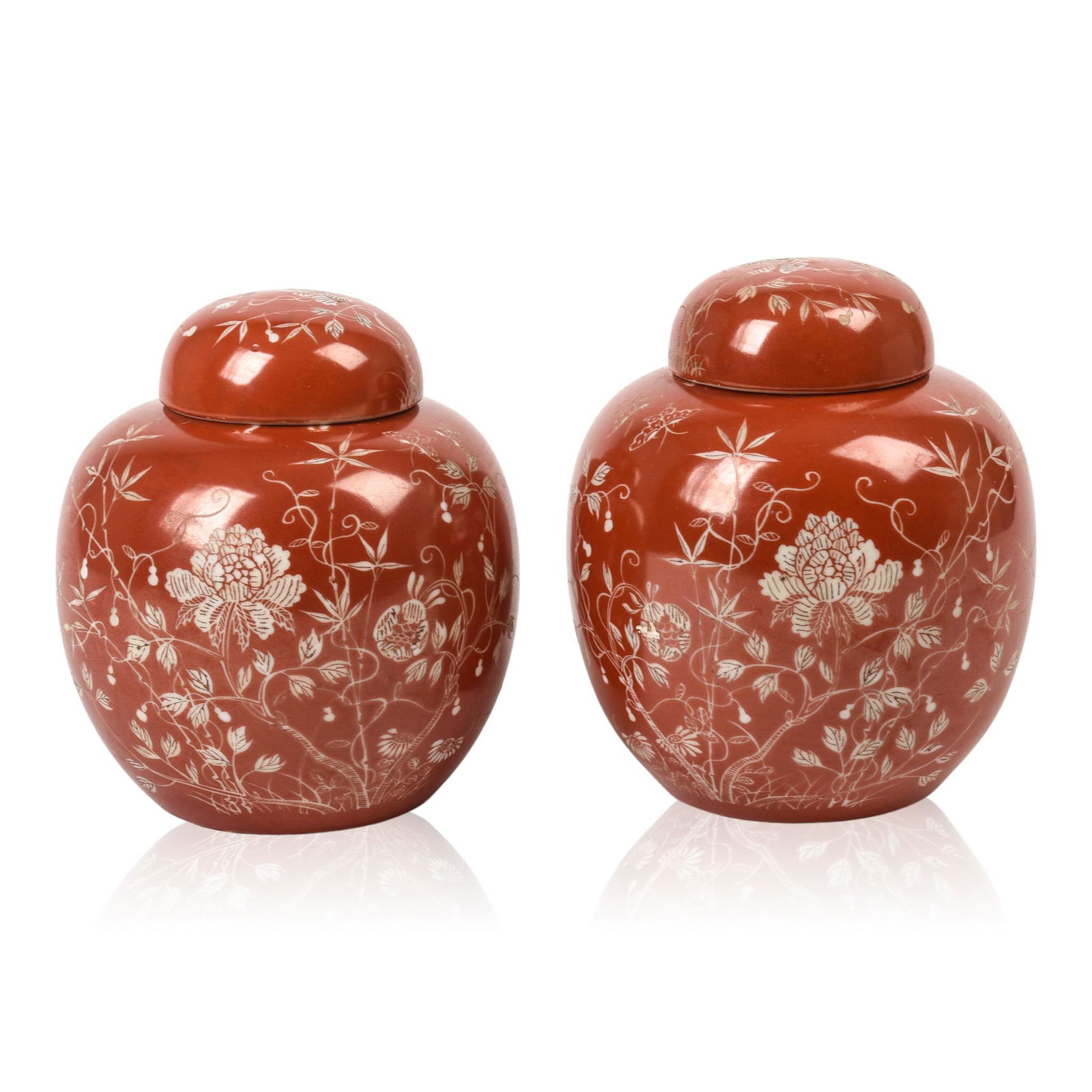 Pair of Chinese Coral Ground Jars and Covers (1 of 5)