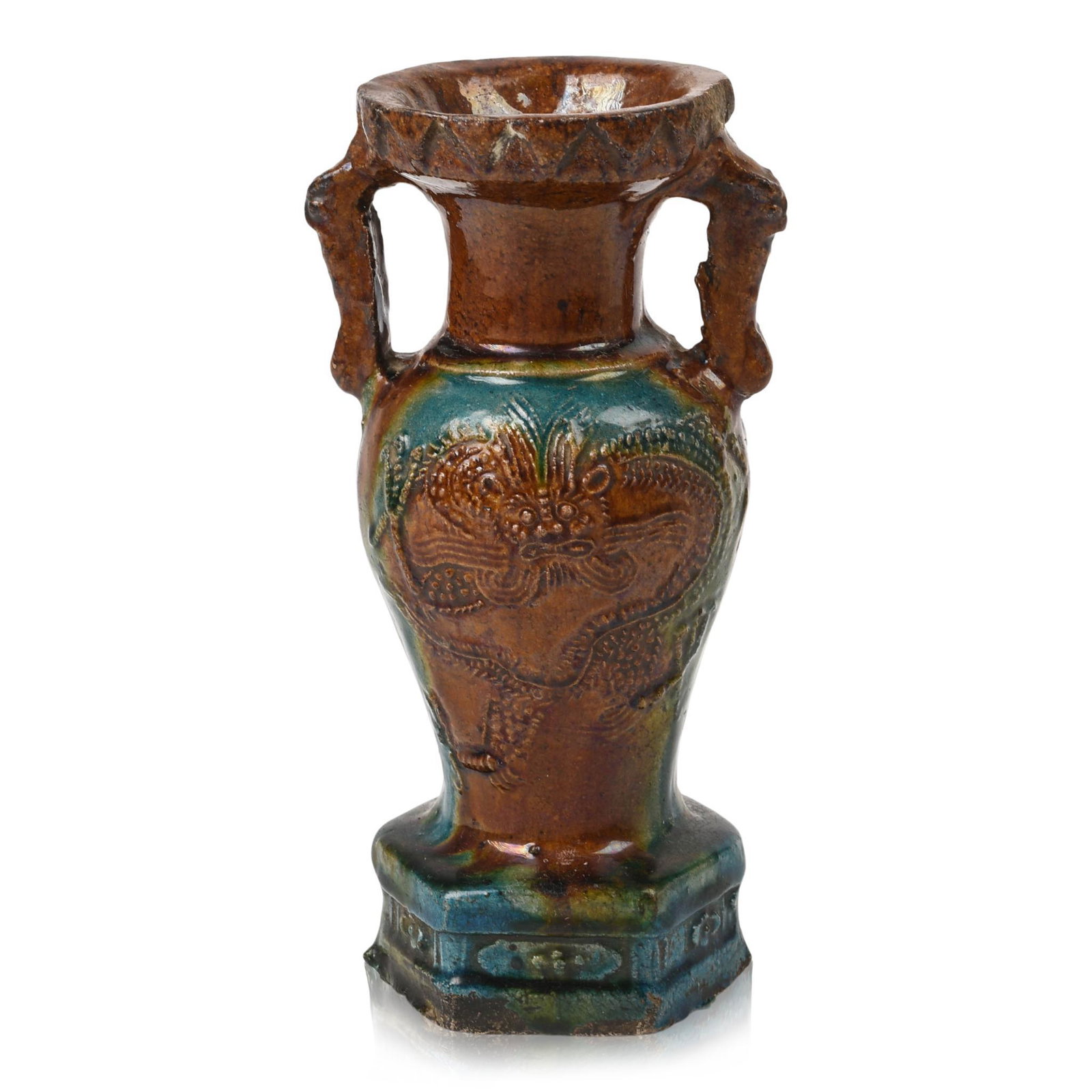 Chinese Ming Pottery Altar Vase: Turquoise and brown glaze over molded dragon decoration, height 7.75 inches.
