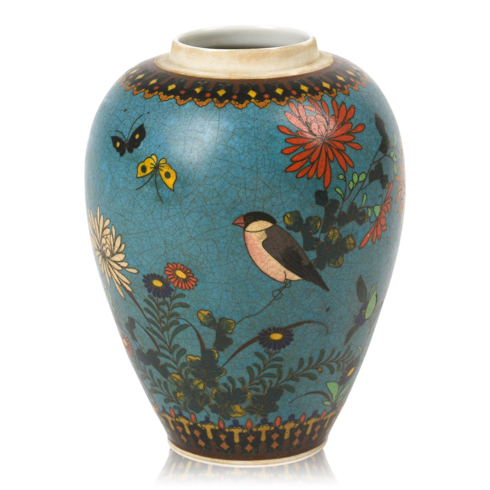 Takeuchi Chubei Totai Jar: Cloisonne on porcelain, signed on bottom, Japan 19th c.,height 6.75 inches.