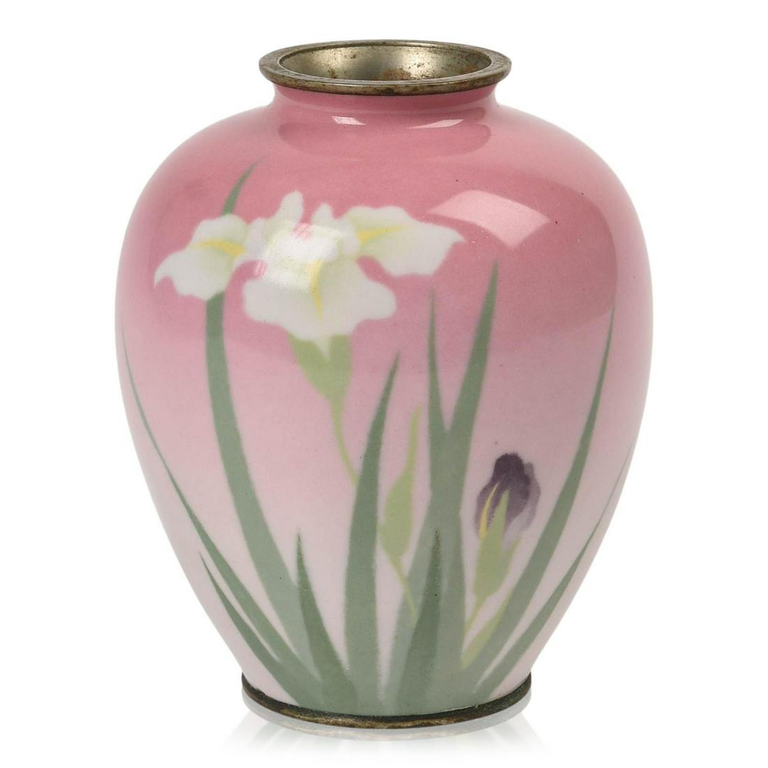 Wireless Japanese Cloisonne Vase: Irises on a pink ground, early 20th c., height 4.5 inches.
