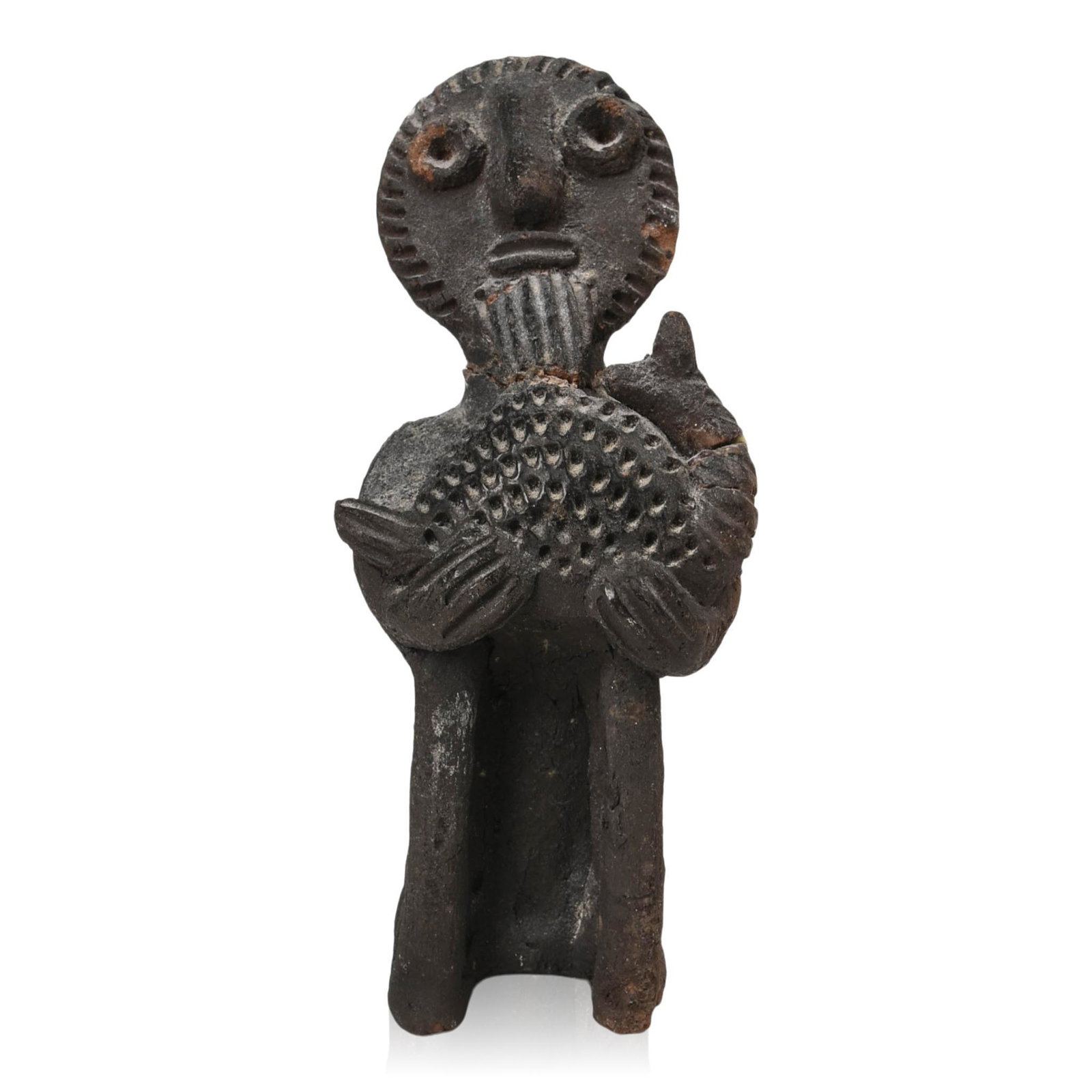 Small Ethiopian Sculpture of a Farmer.: Depicting a man carrying a calf, height 5.5 inches. Repaired breaks to neck.