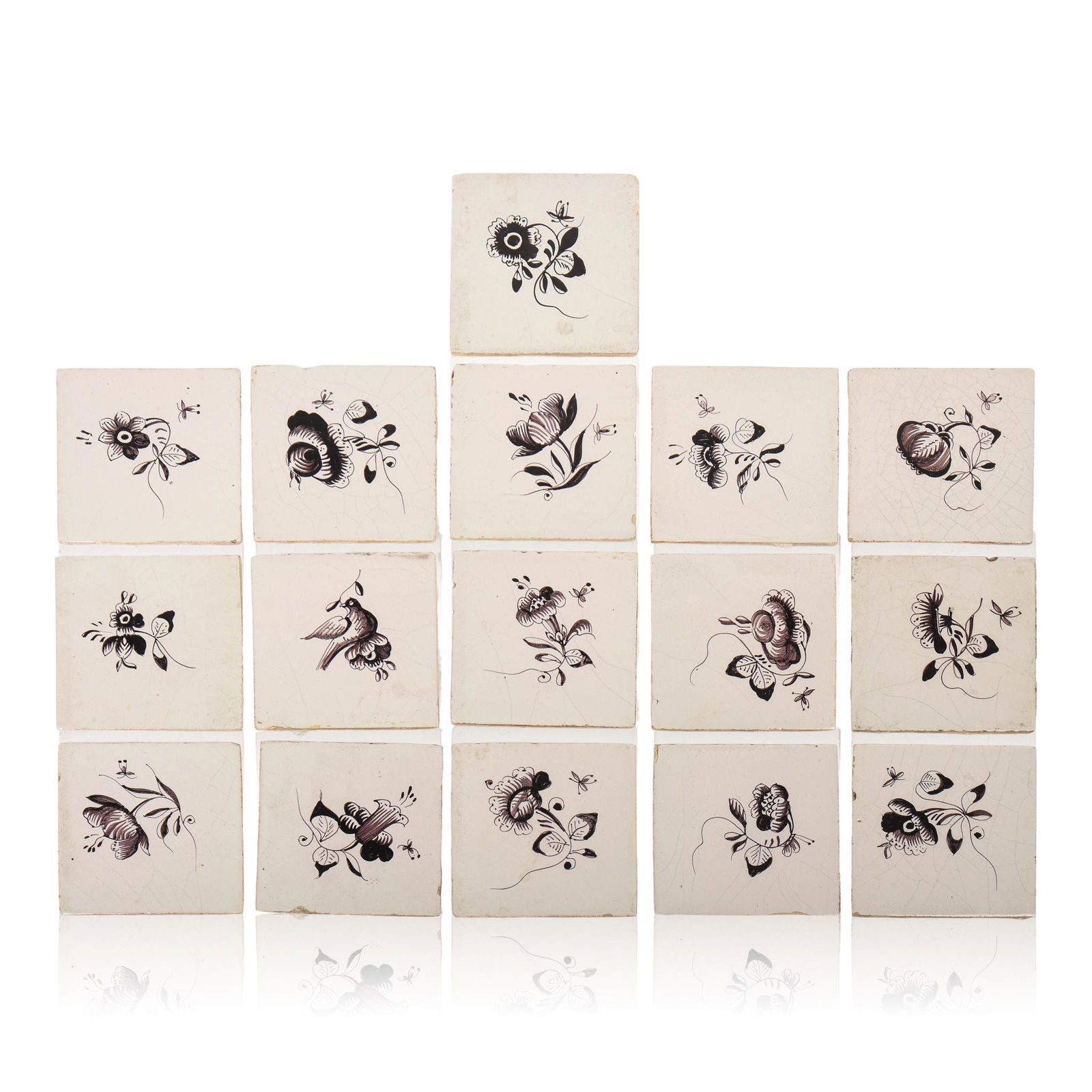 Sixteen Dutch Delft Mulberry Tiles.: Each 5 x 5 inches.