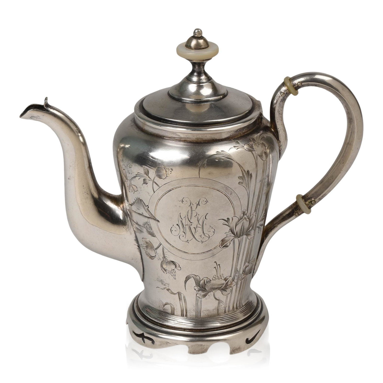 Russian Silver and Mother of Pearl Teapot: Engraved with flowers and a cottage, inscribed with numerous Russian names, silver assay mark of Ivan Lebedkin (Moscow, 1899-1908) and makerâ€™s mark BC within an oval, marked under lid and on bo