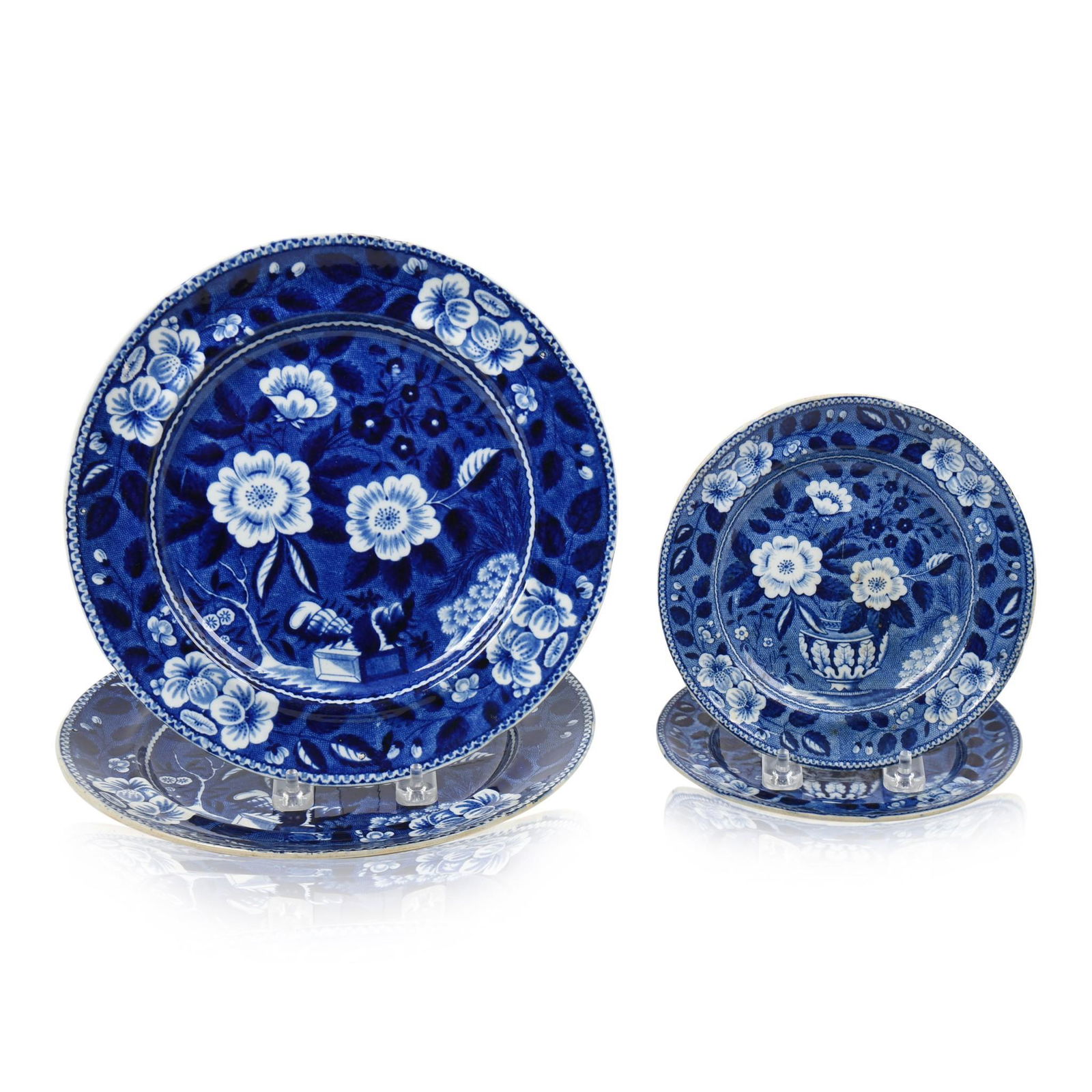 Four Staffordshire Dark Blue Transfer-Printed Plates, (1 of 2)