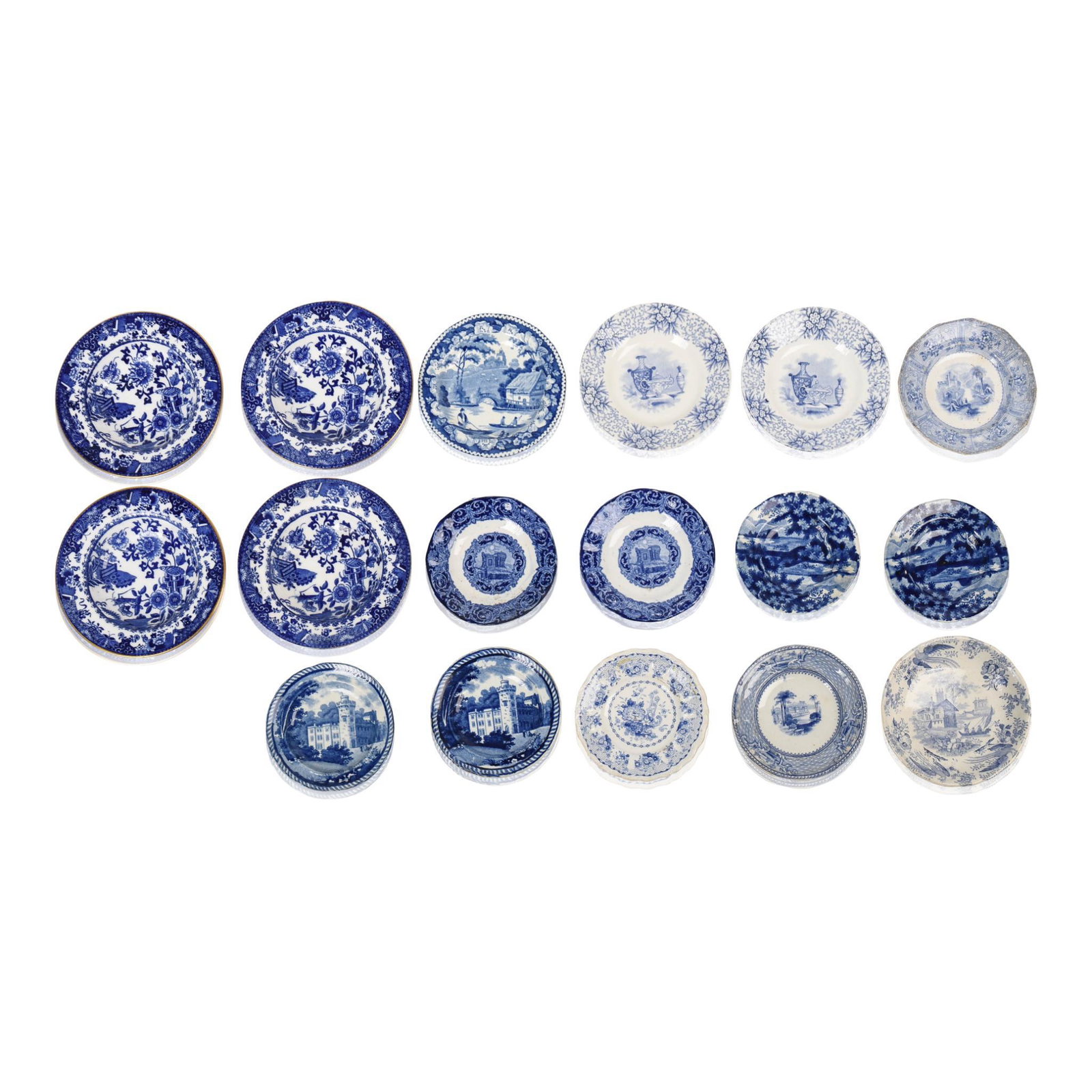Group of Staffordshire Blue Transfer-Printed Cup and: Various Makers, 1820-85. Comprising four pairs of plates, five plates, and a set of four 'chinoiserie' ramekins, W.T. Copeland & Sons, 1851-85, printed factory mark, pattern "9821"
