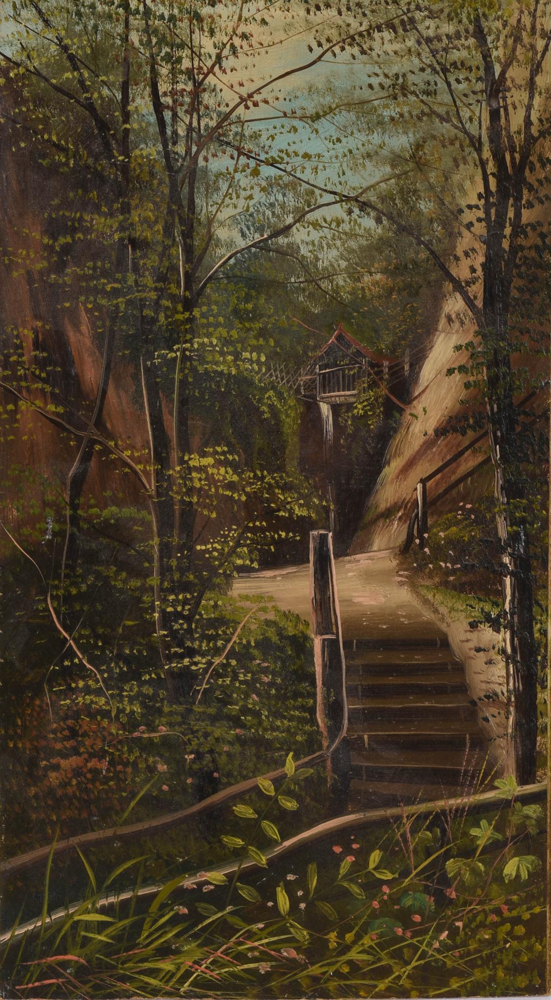 European Painting of a Mountain Home.: Oil on board, 14.75 x 8.25 inches.