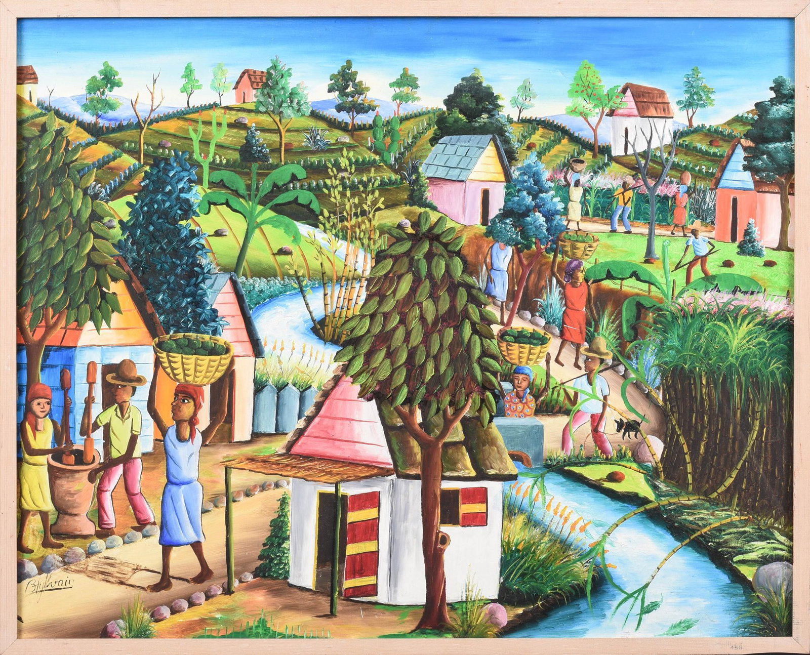 Bien-Aime Sylvain Painting of a Village: (Haiti, b. 1936), oil on board, 24 x 30 inches, signed lower left.