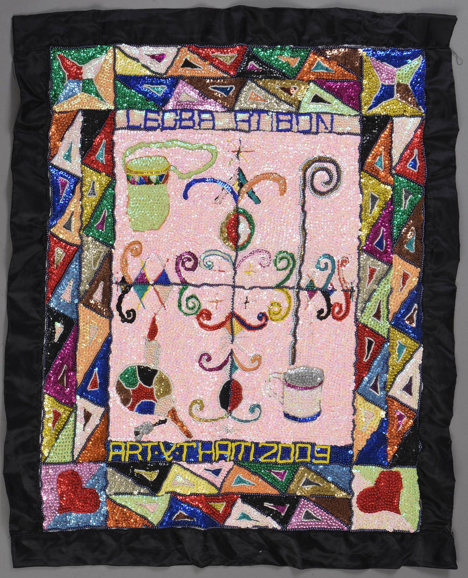 Haitian Legba Atibon Voodoo Flag by Yves Telemak: (Haiti, b. 1955), titled "Legba Atibon", signed and dated "Art Y.T. Haiti 2009", sequins and beads on fabric, 36 x 30 inches.