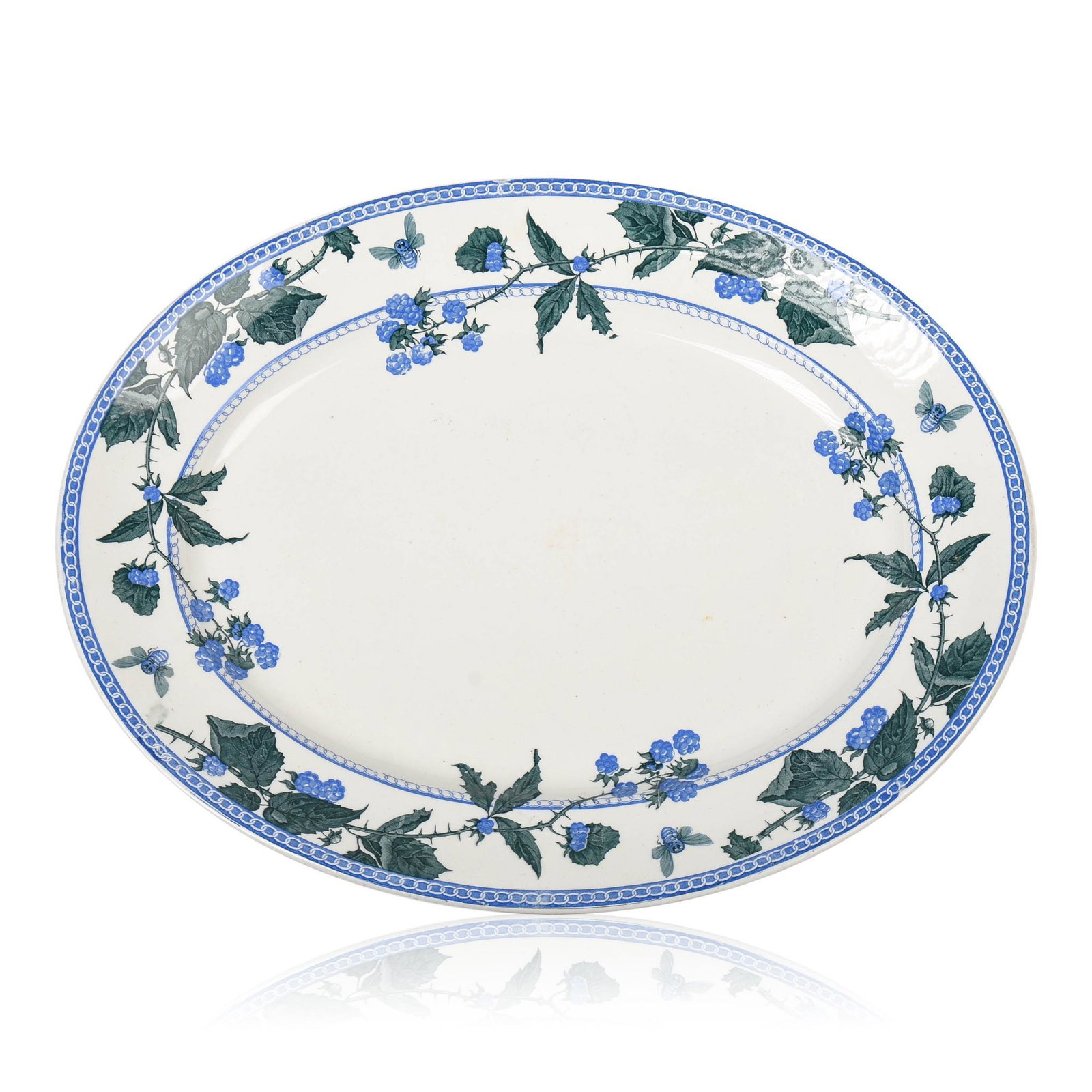 Staffordshire Blue and Green Transfer-Printed 'Bramble': Bates, Walker & Co.,1877. Impressed "B.W. & Co./ 5/77/W," printed "A5477," Poonah factory and registration mark for 1876 in green. Length 20.5 in.