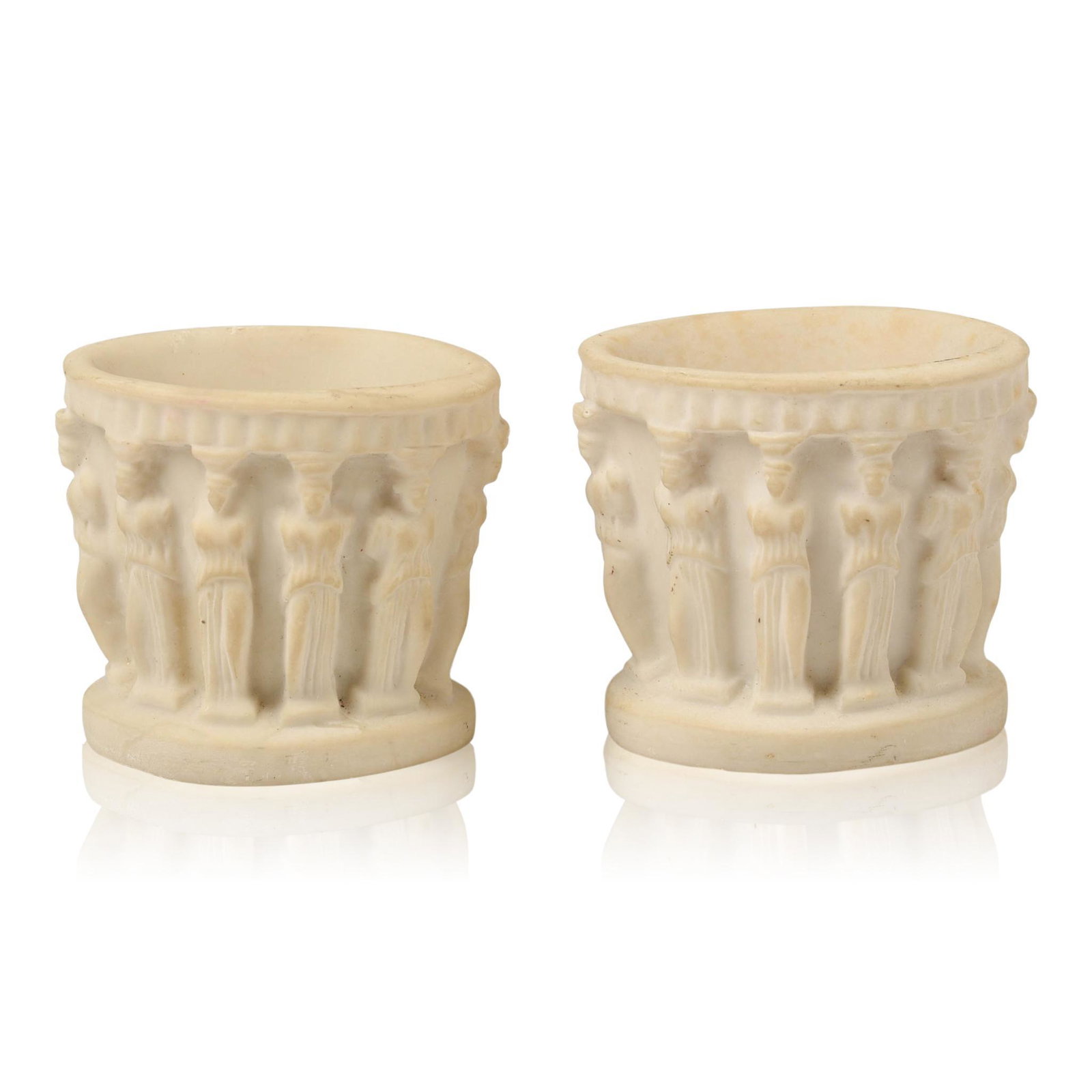 Pair of Carved Parian Porcelain Salts.: Encircled with columns in the form of classical women, height 2.5 inches.