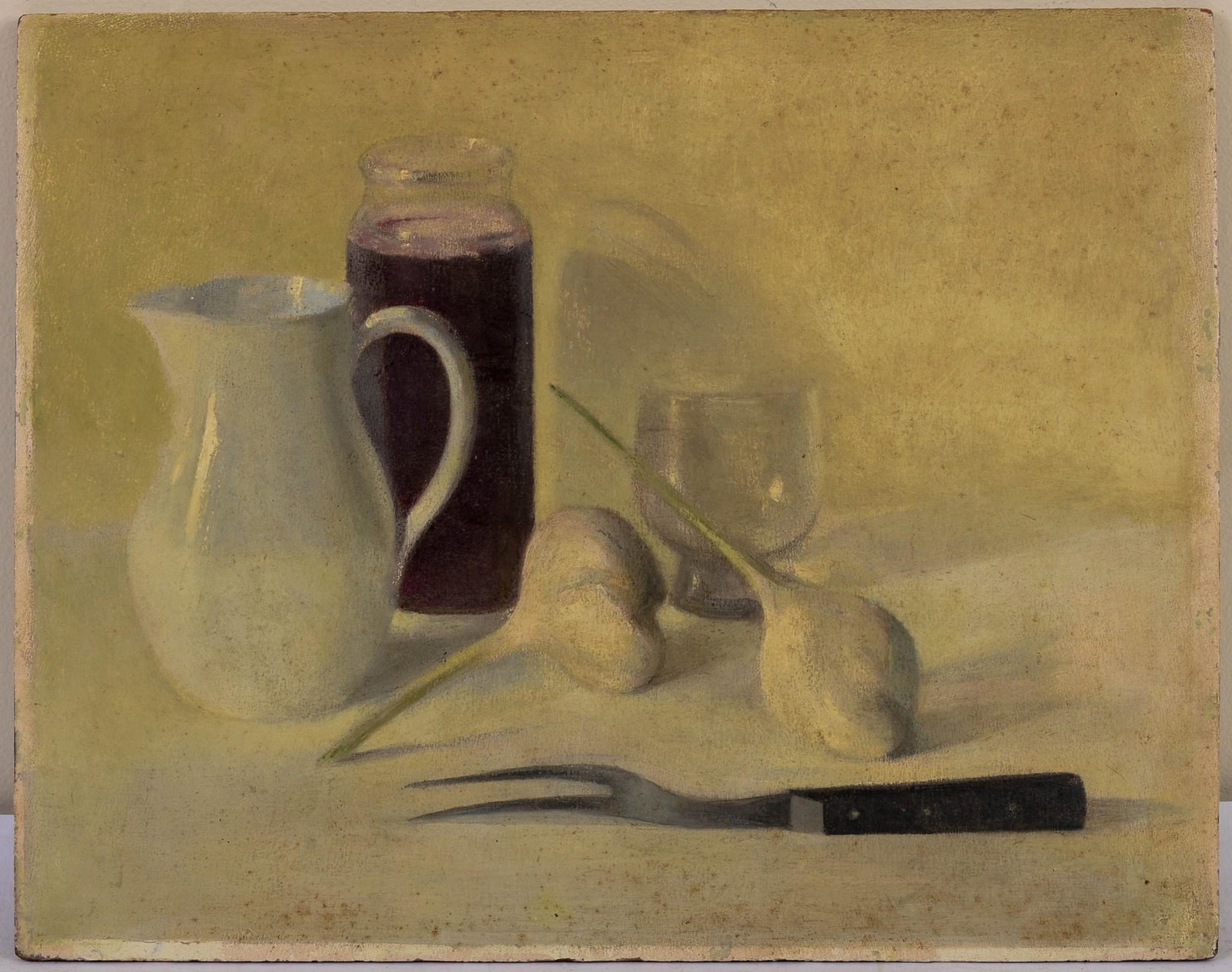 Still Life With Garlic, 19th Century European School.: Oil on panel, 12.745 x 16 inches.