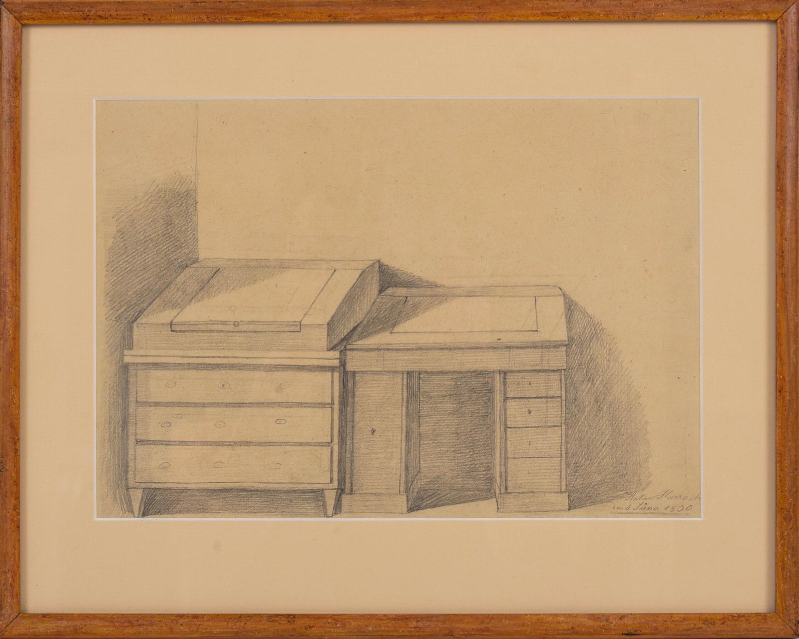 Pencil Illustration of Two Desks, 1830.: Signed Anton Harrach, and dated, lower right, 7.5 x 11 inches, sight.