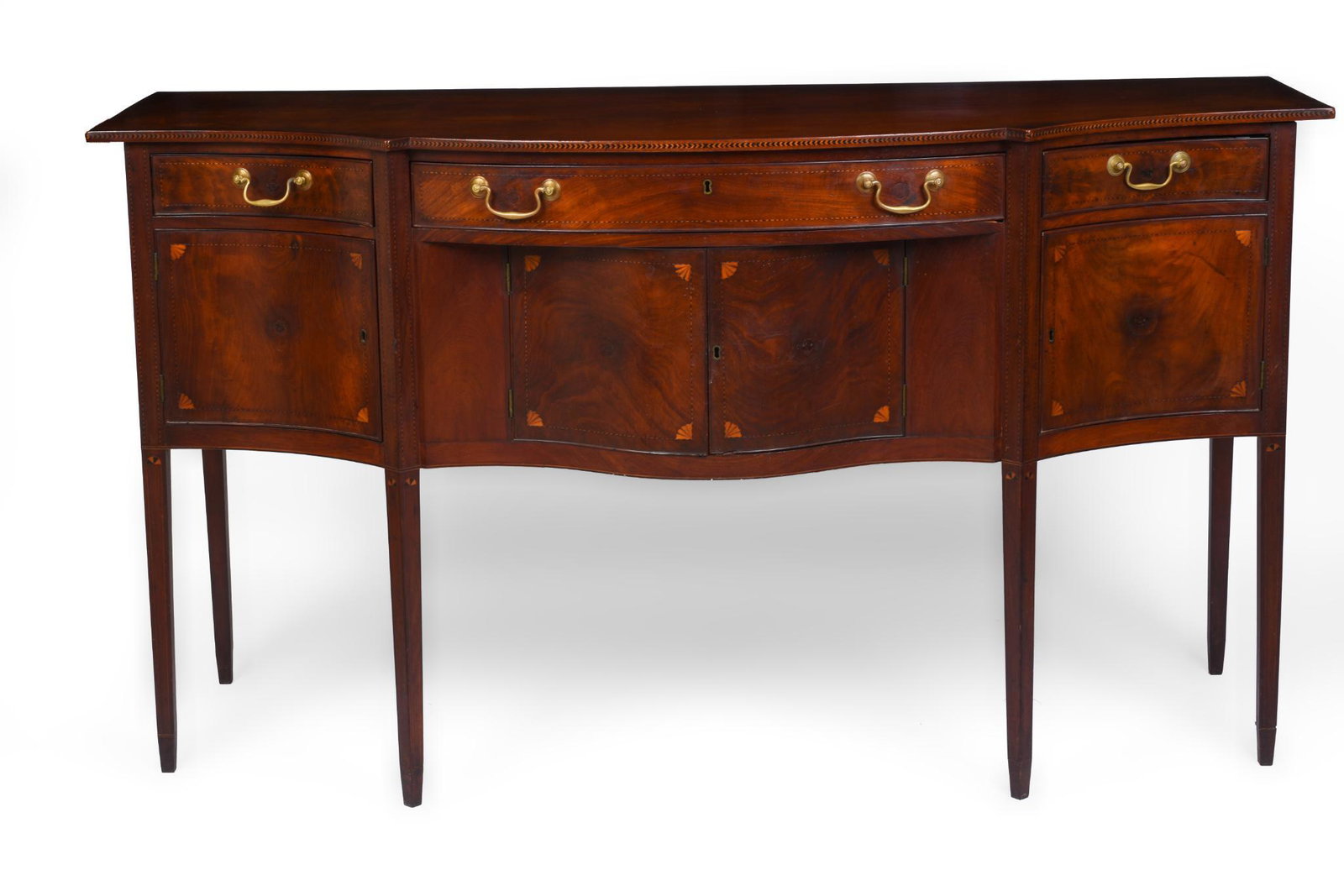 New England Inlaid Mahogany Sideboard.: Possibly Blackstone or Connecticut River Valley. Circa 1790-1810. Boldly figured mahogany, height 38.5 inches, width 69.5 inches, depth 28.5 inches. This item is not eligible for in house shipping. We
