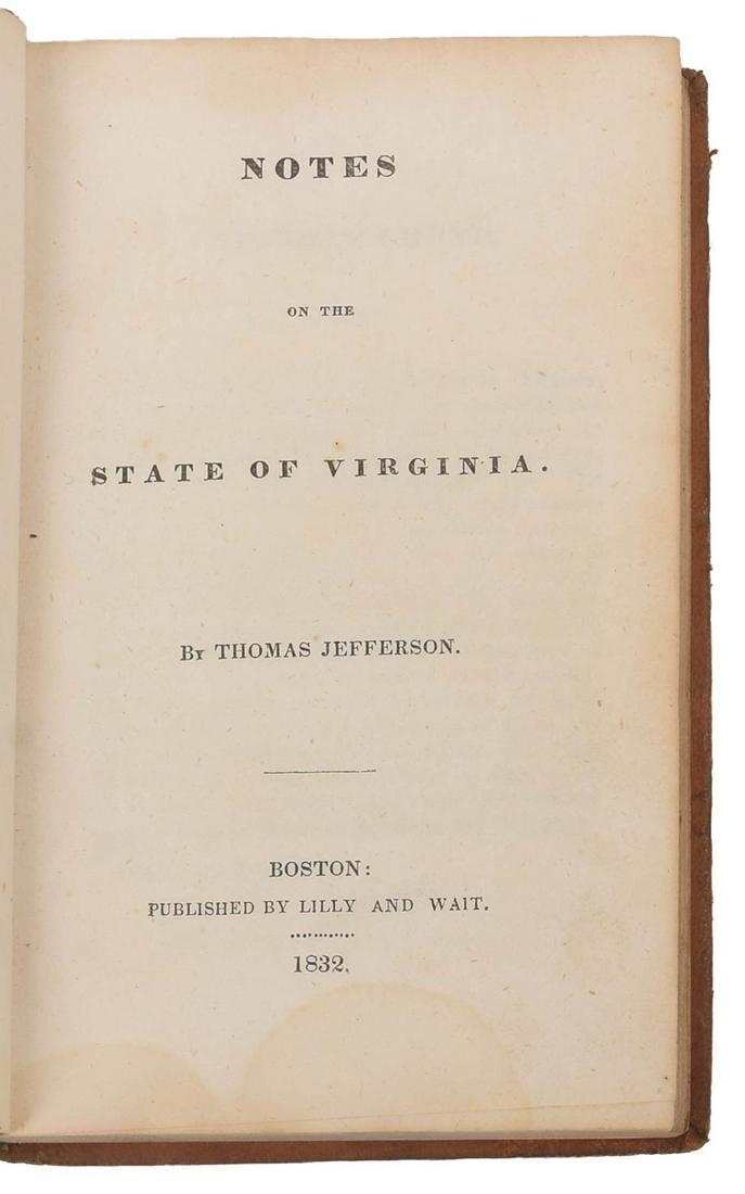 Jefferson's Notes On the State of Virgina, 1832 Edition.: Published by Lilly and Wait, Boston. With Secretary of State book plate.