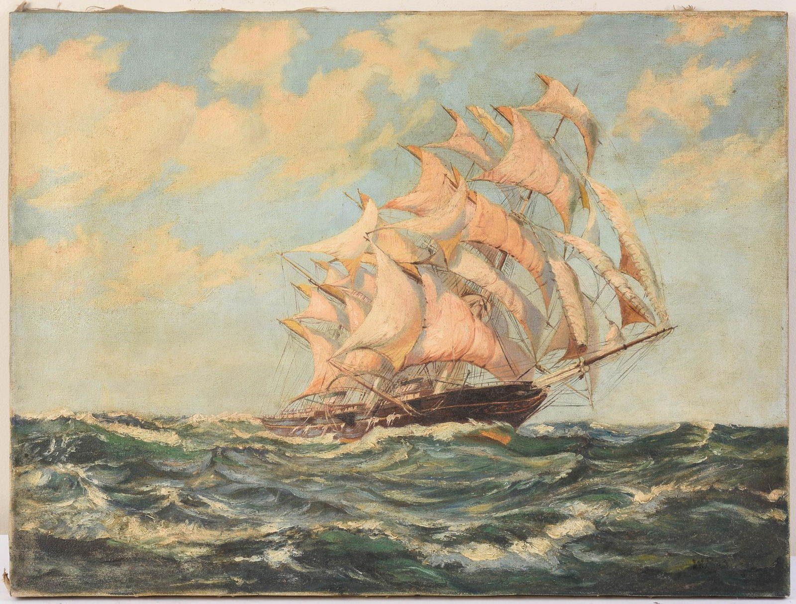 American School Clipper Ship Painting, 20th c. (1 of 3)