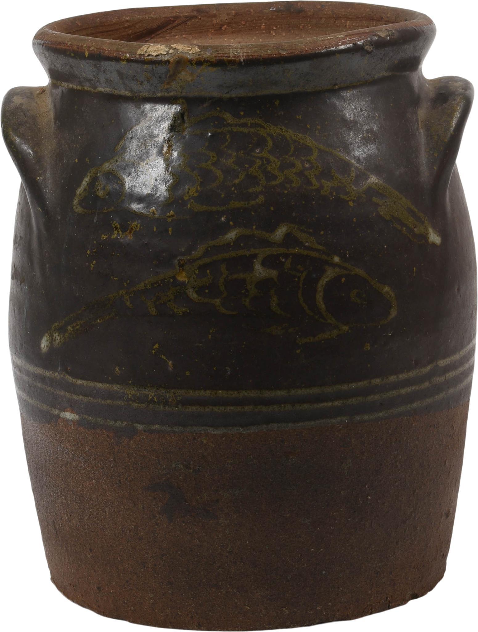 Stoneware Crock with Slip Decoration of Fish. (1 of 5)