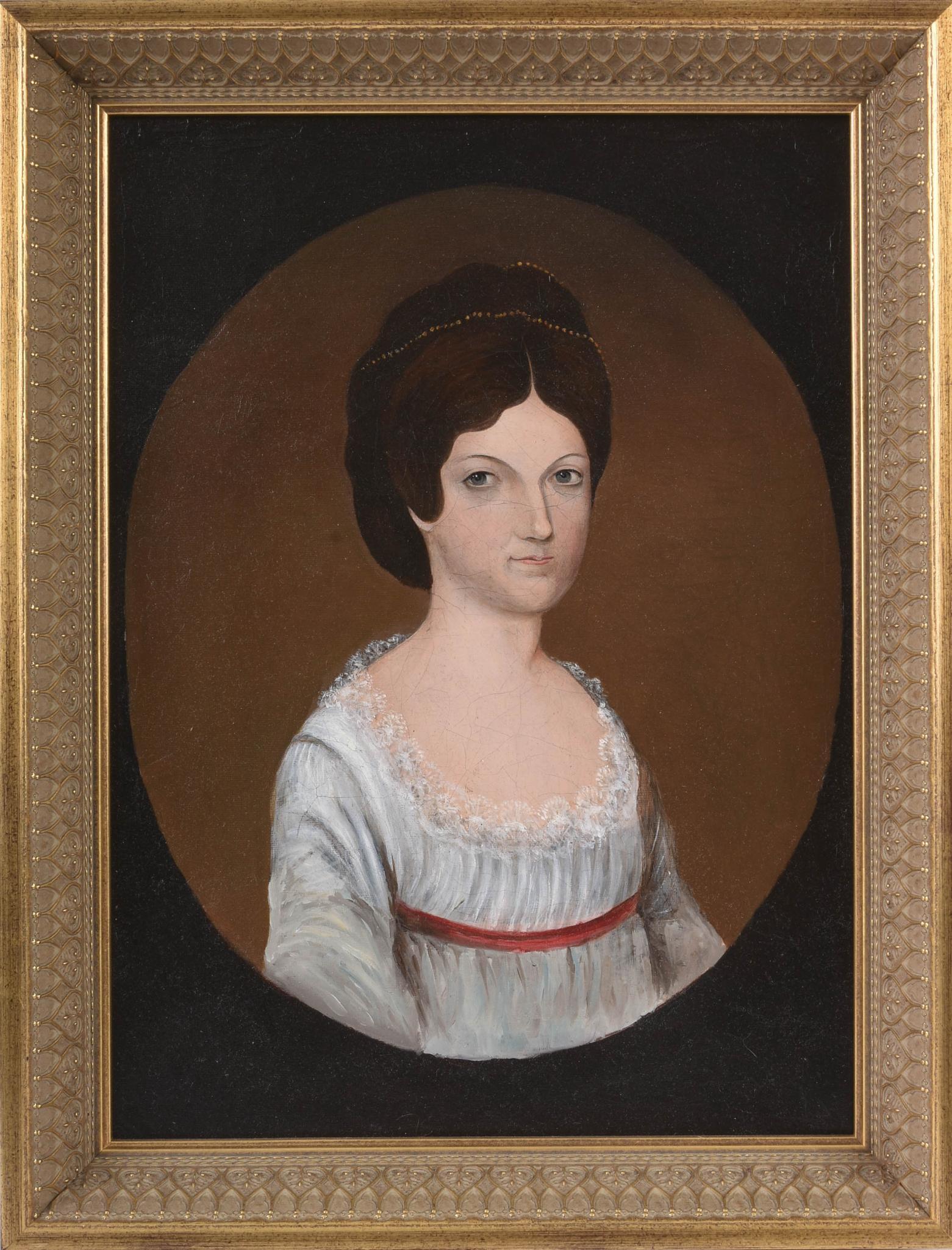 19th Century Portrait of a Woman.: American school, oil on canvas, 15 x 11 inches. In a Larson-Juhl frame, relined and restored.