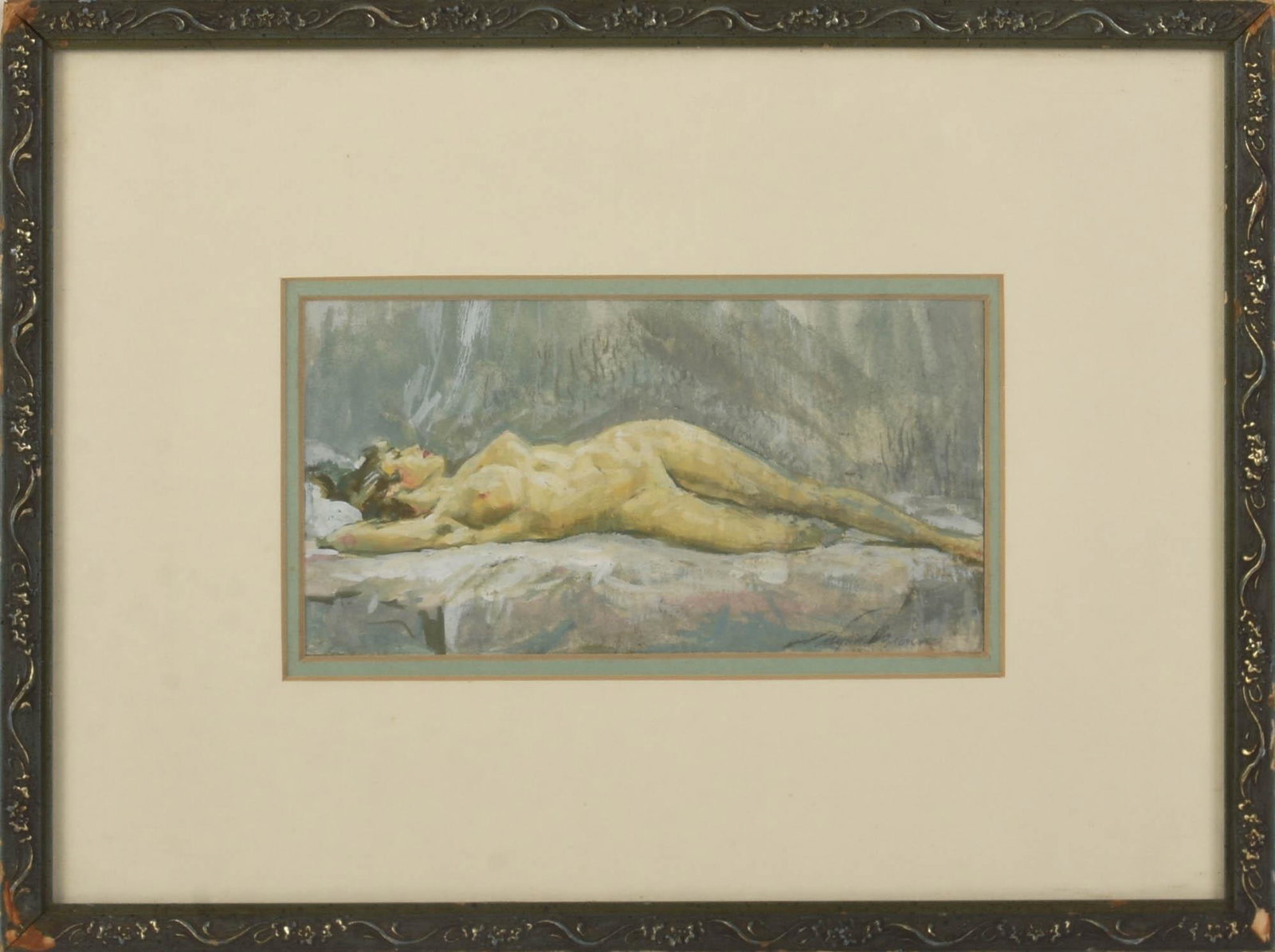 Small Painting of a Reclining Nude.: Watercolor and gouache on paper, 3.25 x 6.5 inches, sight, signed indistinctly lower right.