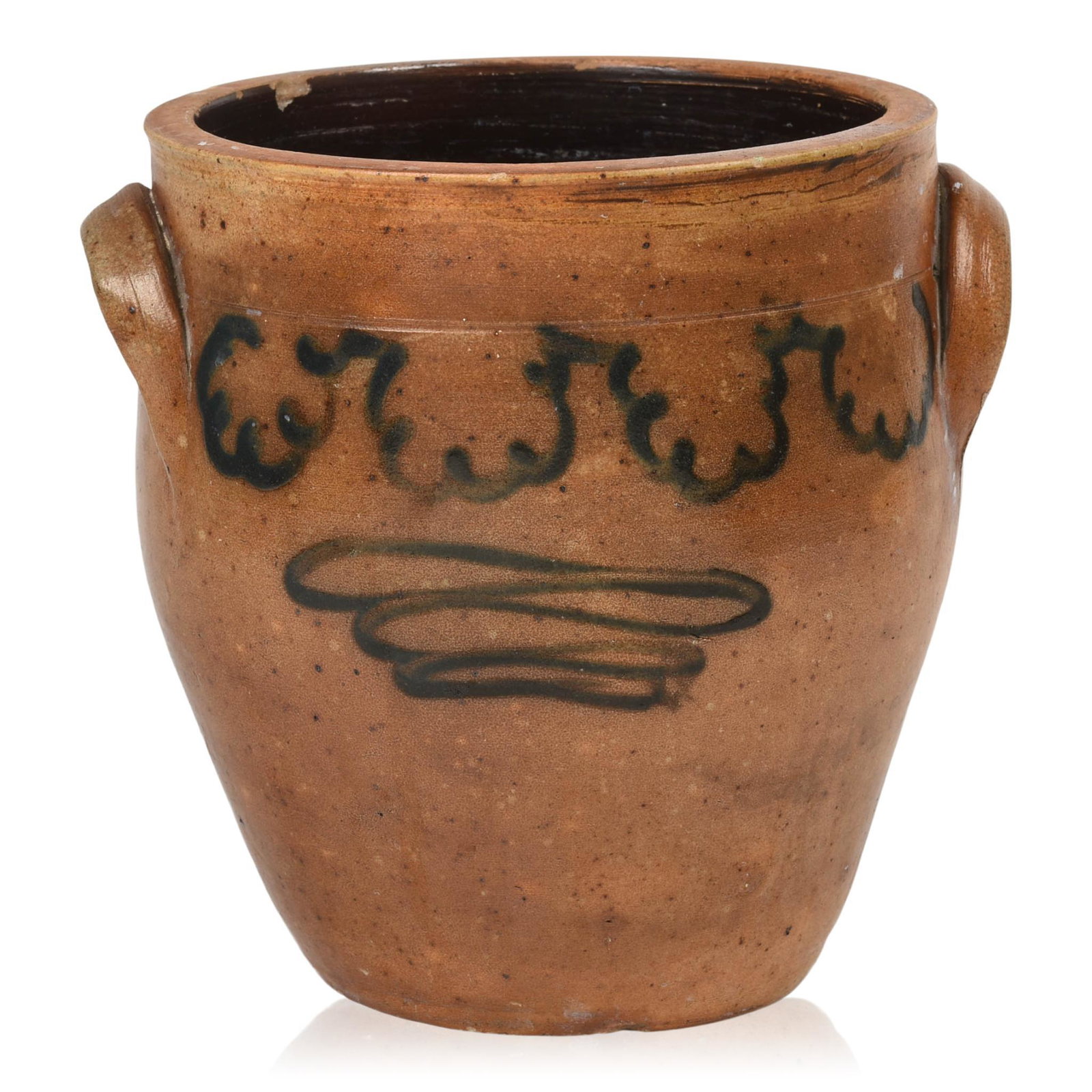 Stoneware Crock With Cobalt Blue Decoration.: Applied loop handles, height 8.625 inches. Small chip to inside of rim.