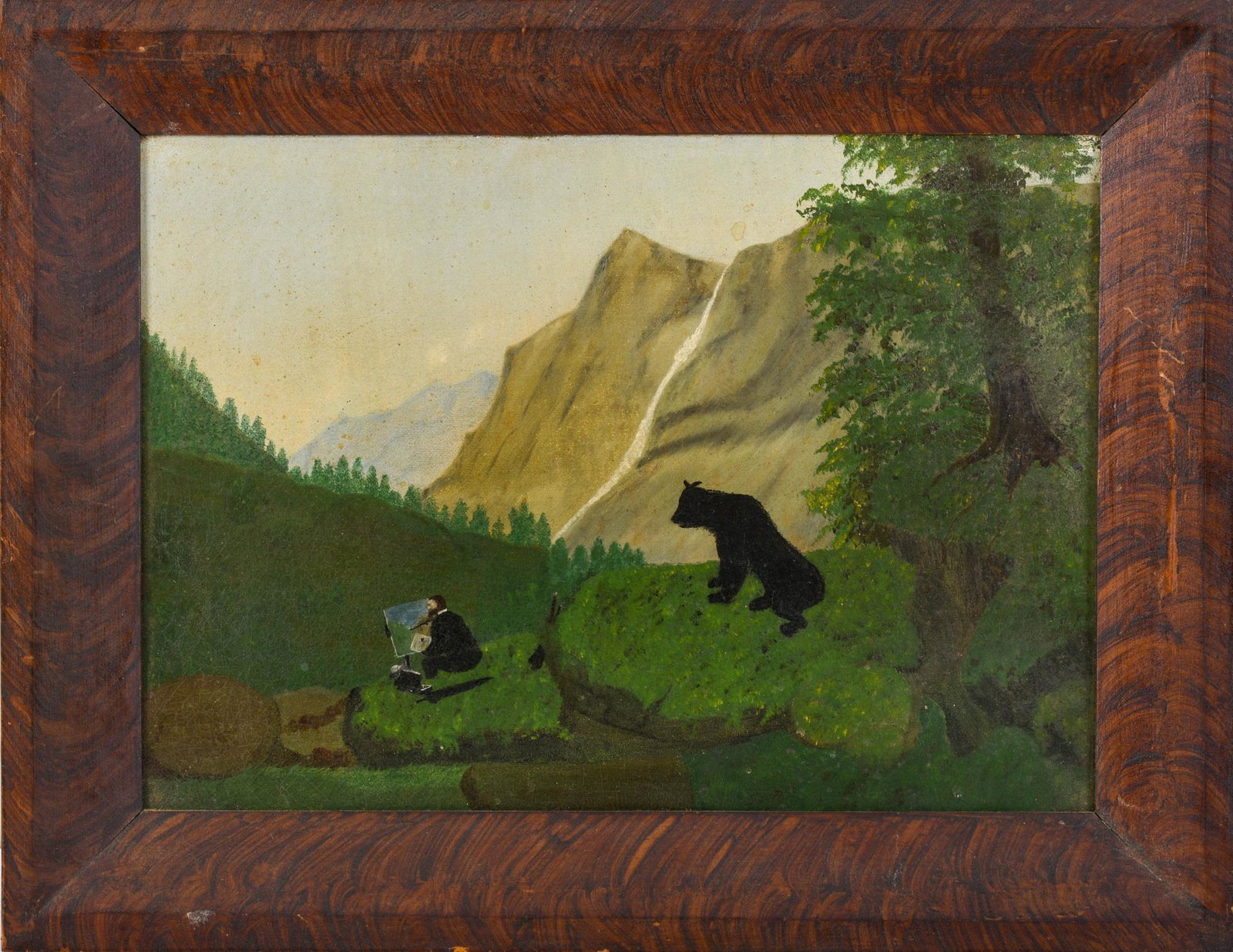 Folk Art Painting of a Man Painting a Landscape.: With a black bear watching from the background. American school, mid 19th century, oil on canvas, 10 x 14 inches.