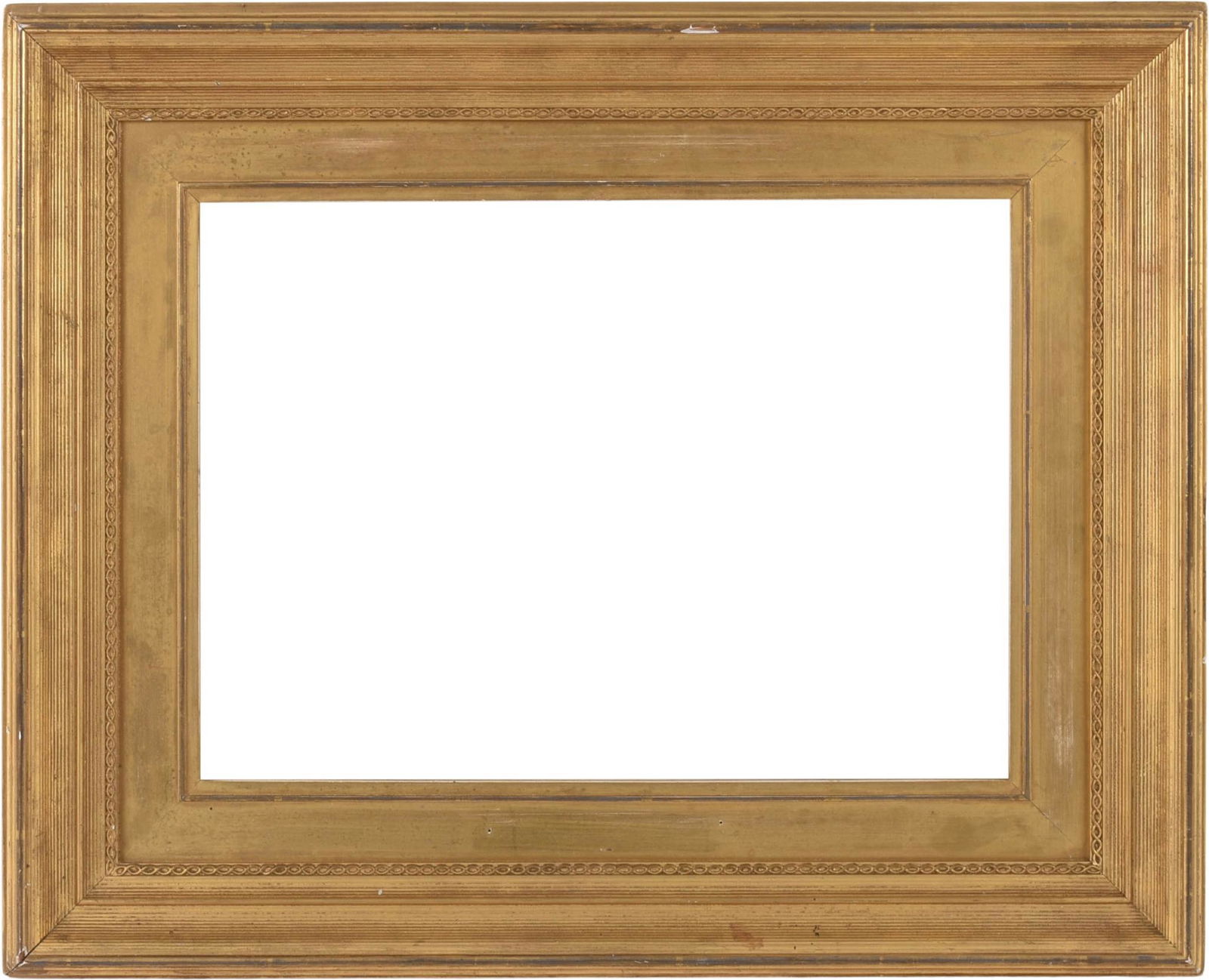 Adam M. Laing Carved and Gilt Wood Frame.: Rabet 9.75"Â x 13.5"Â overall 16" x 20", early 20th c. Portland, Maine frame maker, signed with ink stamp on back.