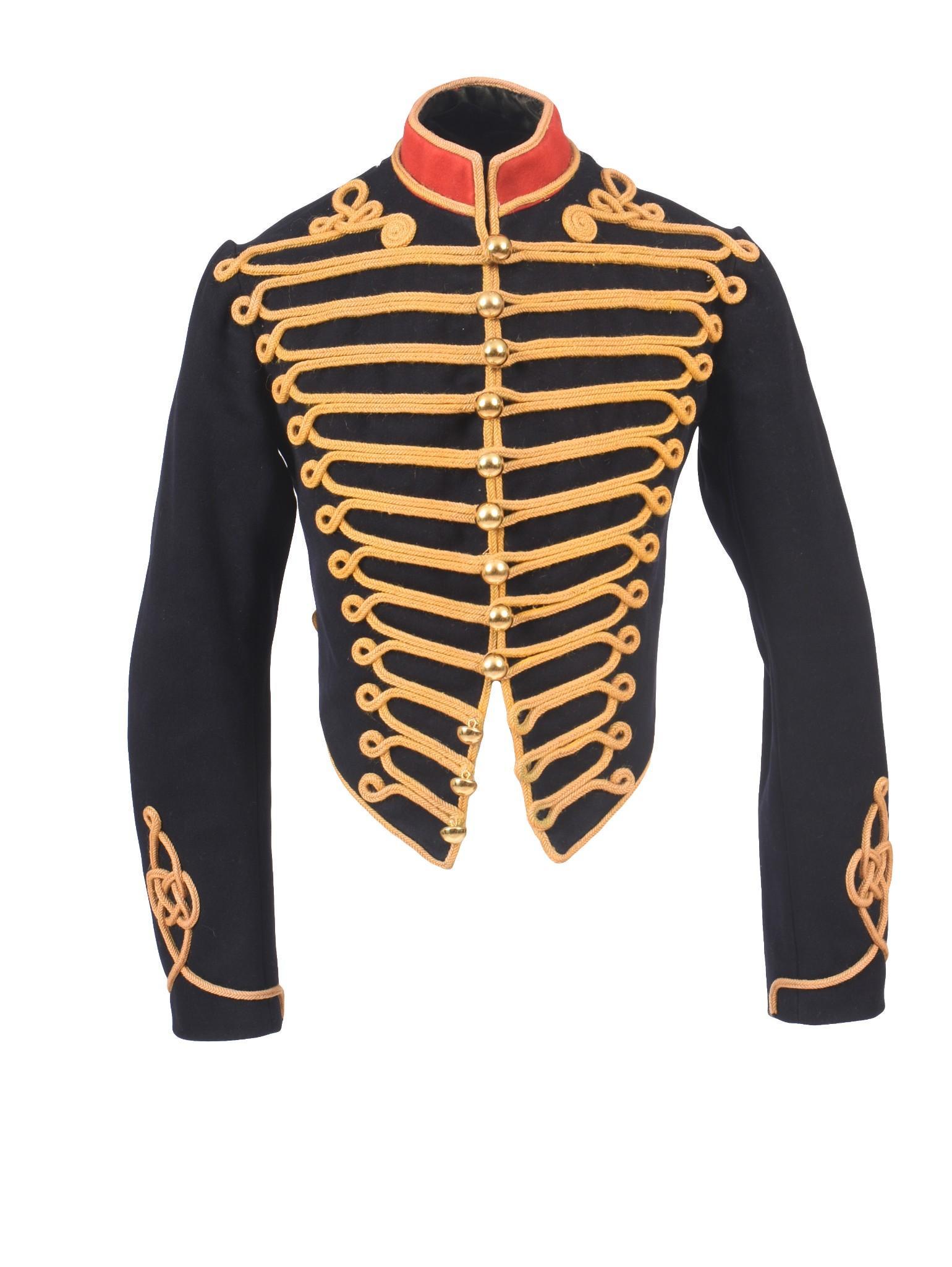 Royal Horse Artillery Trooper’s Jacket: An "Other ranks’ jacket of the Royal Horse Artillery of dark blue broadcloth with scarlet facings, trimmed with yellow worsted cord and high-domed, brass buttons. There are the remnants of a