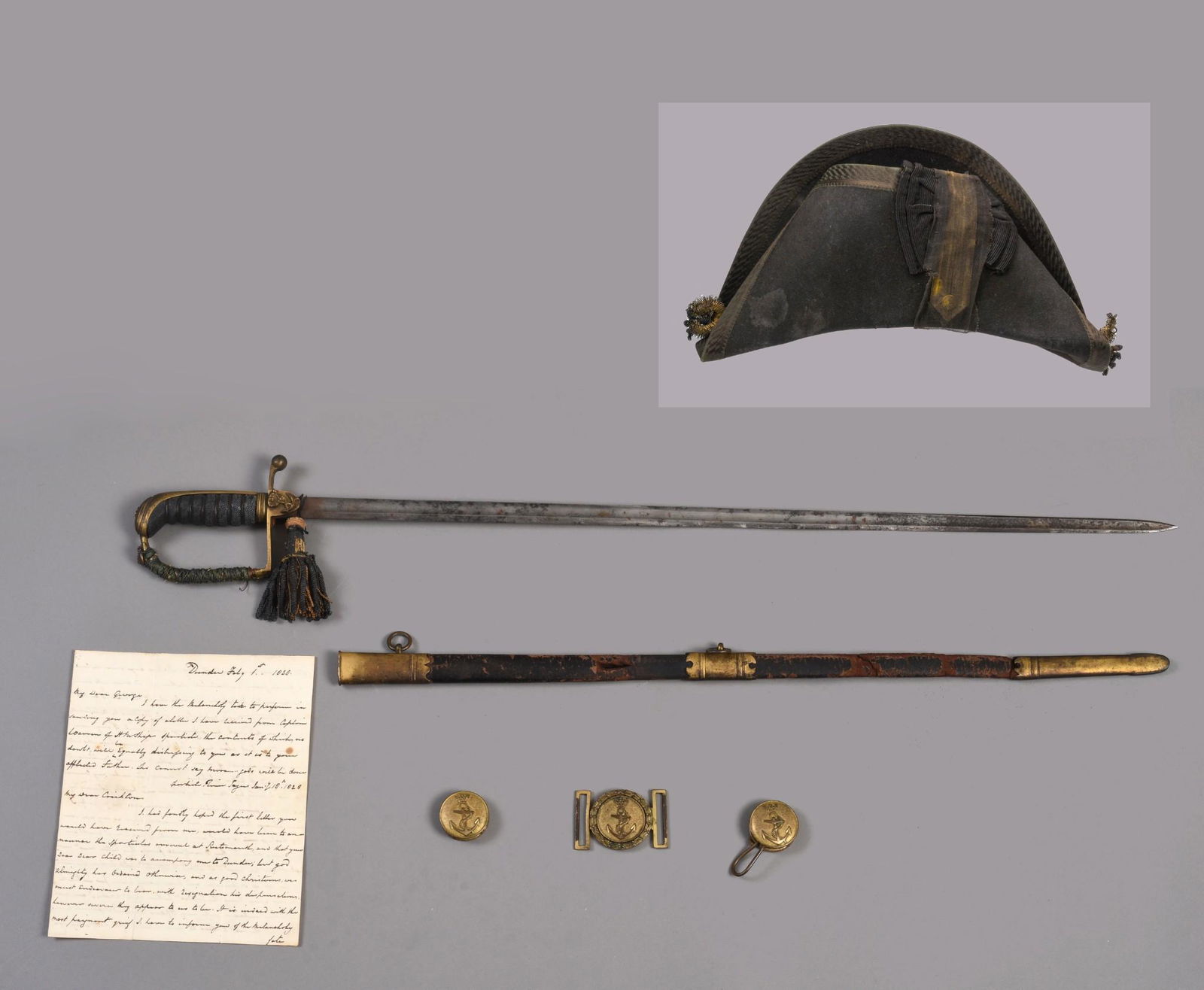 1820s Royal Navy cocked hat, sword and artifacts of Midshipman A. J. Crichton. (1 of 9)