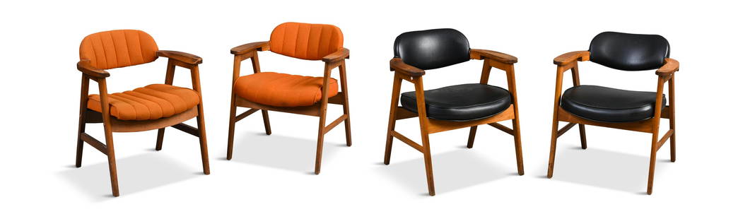 Four Eck-Adams Paoli Arm Chairs.: Teak, two with black vinyl, one with orange fabric. Together with a very similar chair in orange fabric.