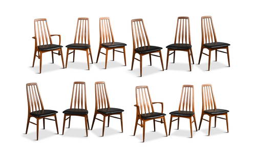 Twelve Eva Chairs by Neils Koefoed.: Two armchairs and ten side chairs, seat height 18.75 inches. Marked made in Denmark. One armchair with damage to top crest, some chairs need glue.