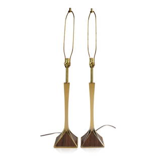 Pair of Mid Century Modern Brass and Wood Grain Table Lamps.: Overall height including harp 37.5 inches.