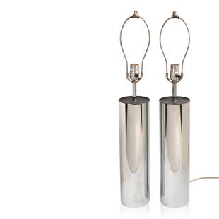 Pair of Robert Sonneman Chrome Cylinder Table Lamps.: Overall height including harp 28.5 inches.