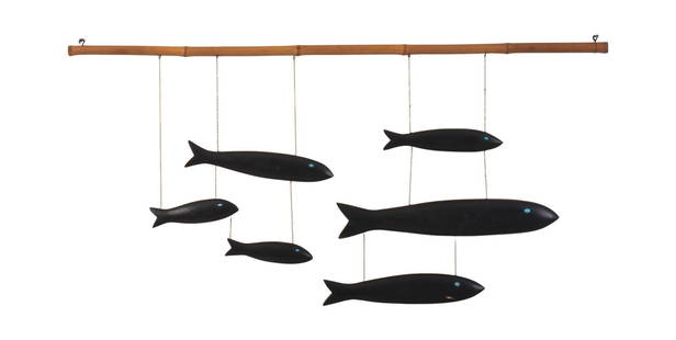 Vintage Modernist Fish Mobile: Six ebonized wood fish with blue glass eyes, attached to bamboo rod with fine chain, approximately 47 x 22 inches. Repairs to chain.