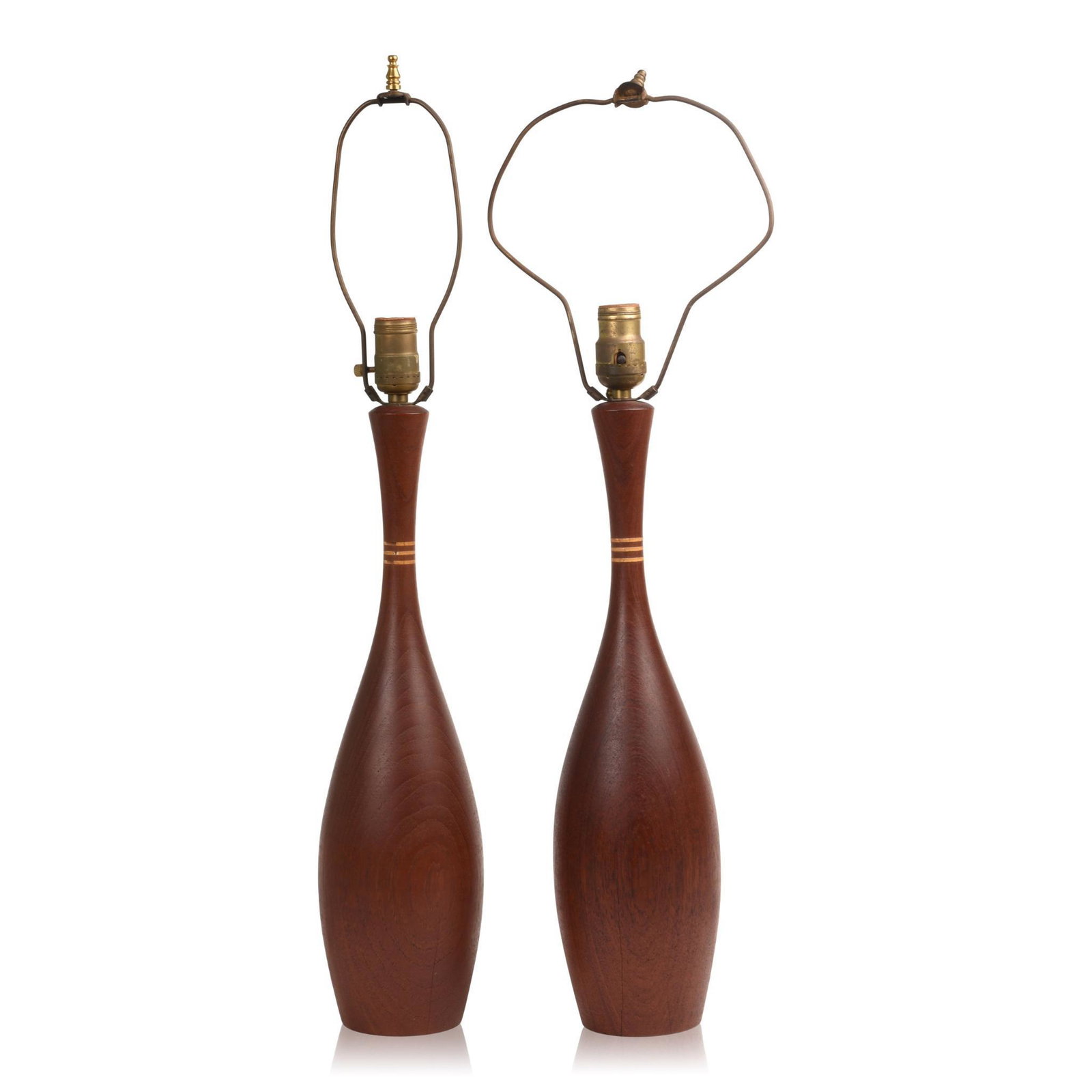 Pair of Teak Lamps: Inlaid rings around neck, 1960â€™s, shades, height 18 inches. Some loss to inlay, one harp bent.