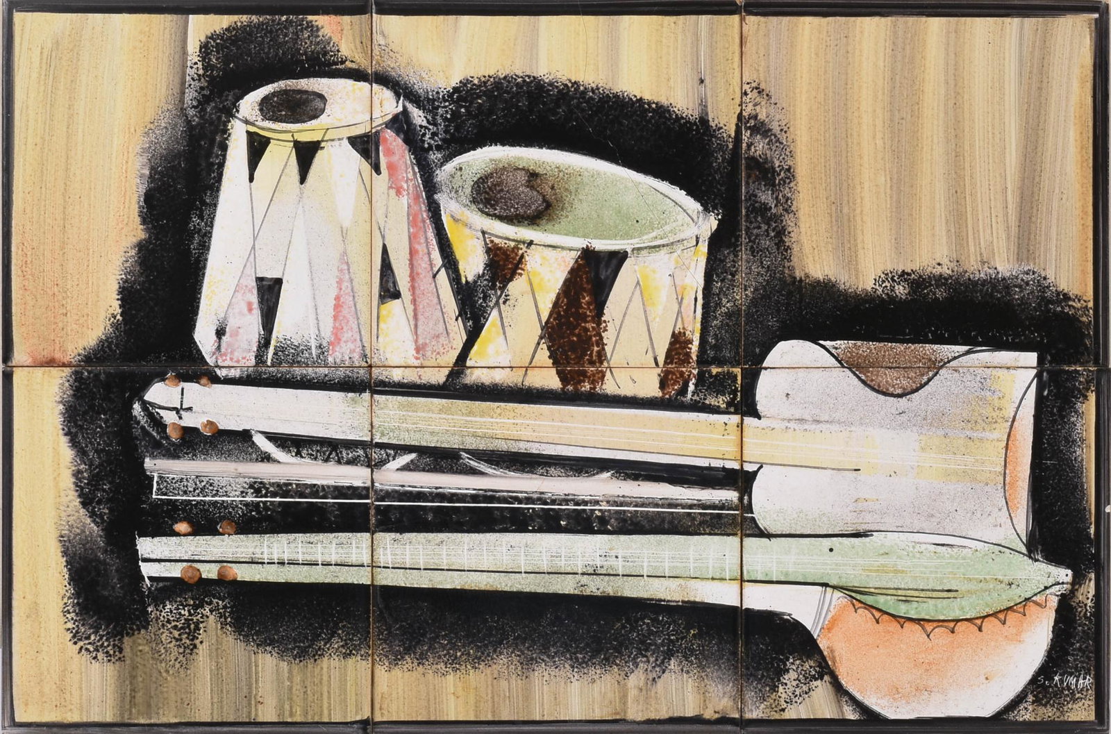 Mid Century Tile Wall Art.: Hand painted at Vitrum Studio, Bombay, India. Signed S. Kumar, 12 x 18 inches.