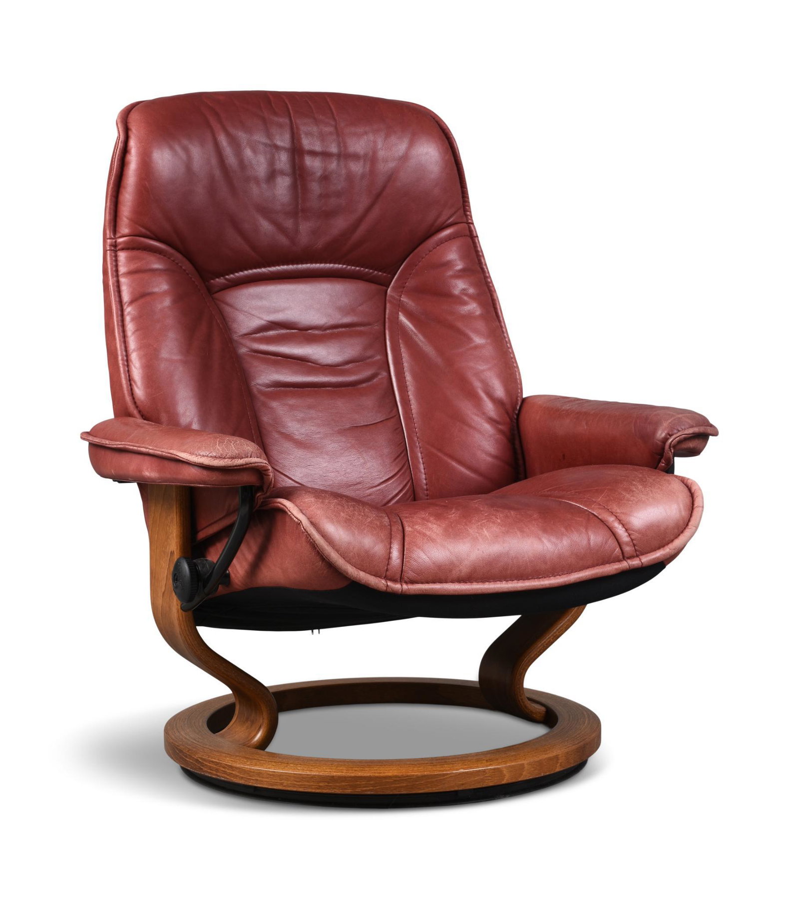 Ekornes Stressless Red Leather Lounge Chair: Norway, seat height 16 inches.