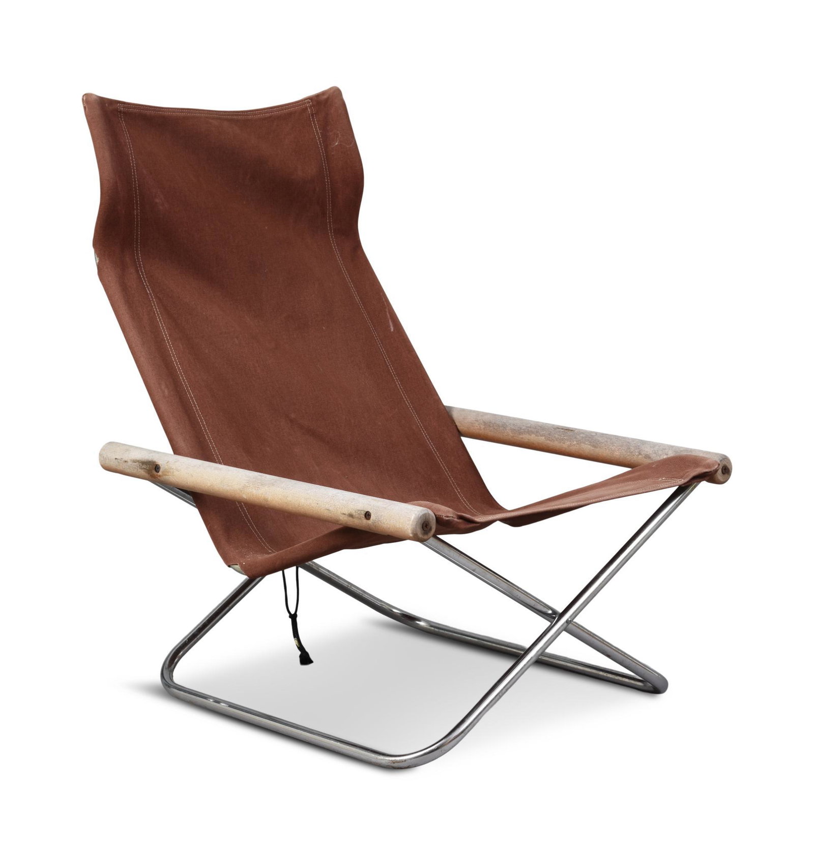 Ny Chair by Takashi Nii.: Brown canvas, chrome and wood, some pitting to chrome.