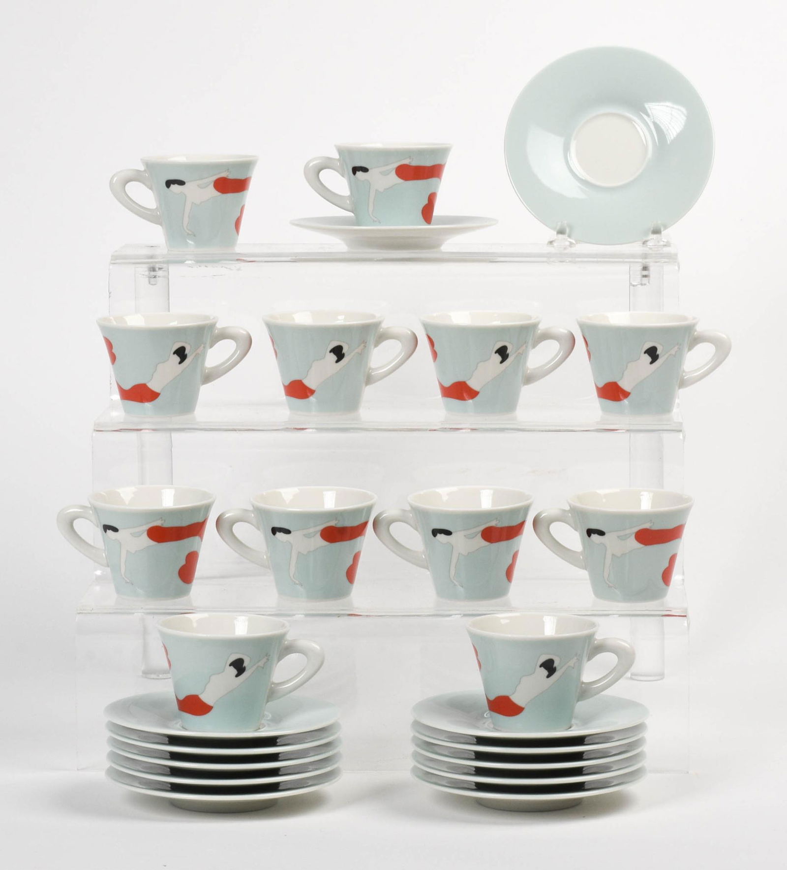 Twelve Marco Lodola for Zeitler Espresso Cups and Saucers.: Mermaid design, height of cups 2 inches.