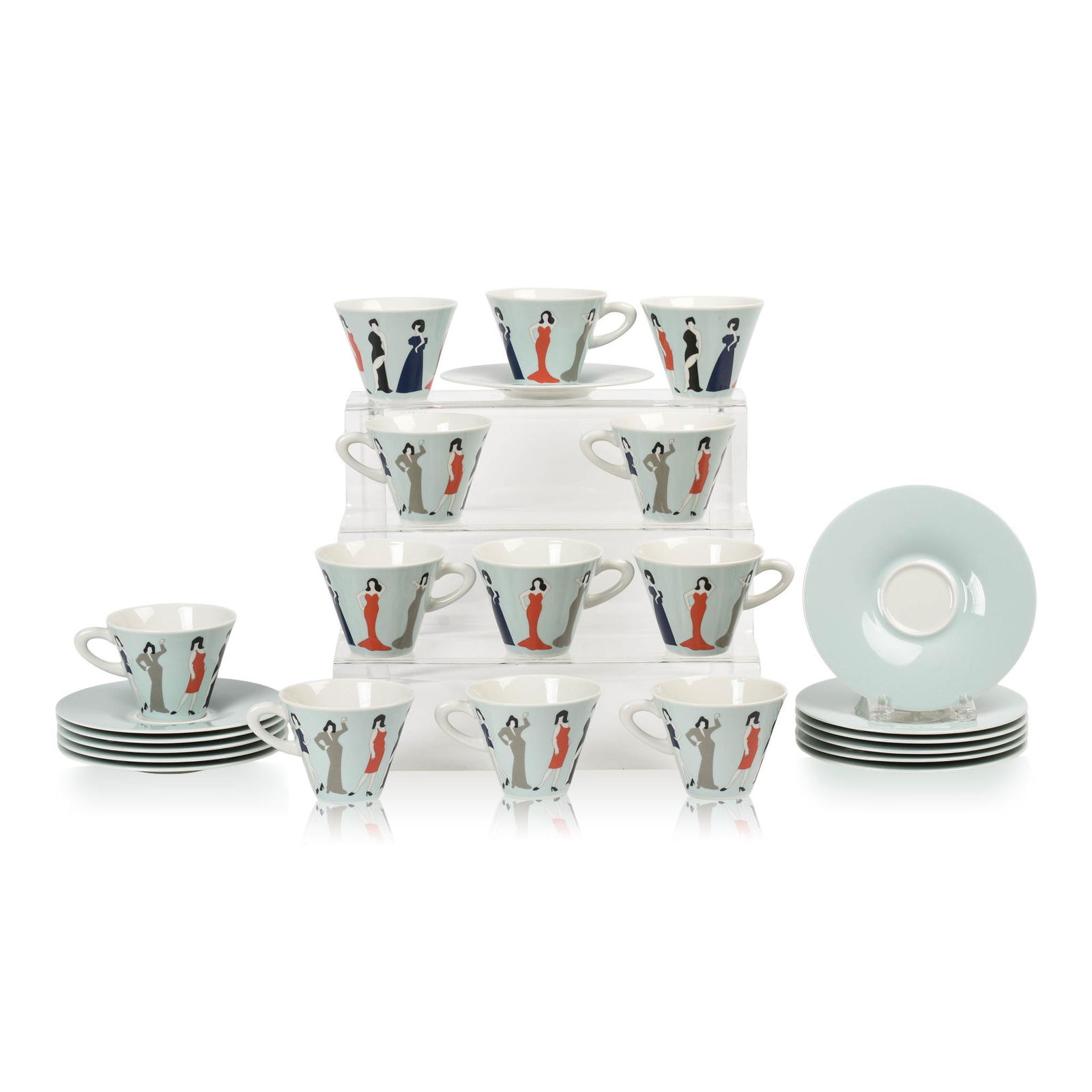 Twelve Marco Lodola for Zeitler Cups and Saucers.: Ladies in ball gowns, height of cups 3 inches.