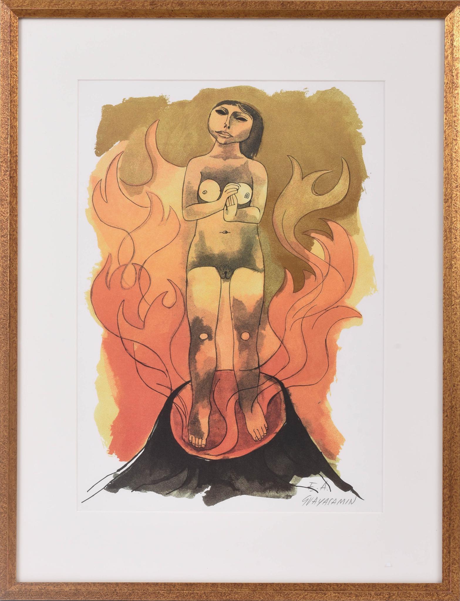 Oswaldo Guayasamin. "Fuego" Lithograph.: OSWALDO GUAYASAMIN (Ecuadorian, 1919-1999). Lithograph on paper, 19 x 13.5 inches, sight, pencil signed lower right.