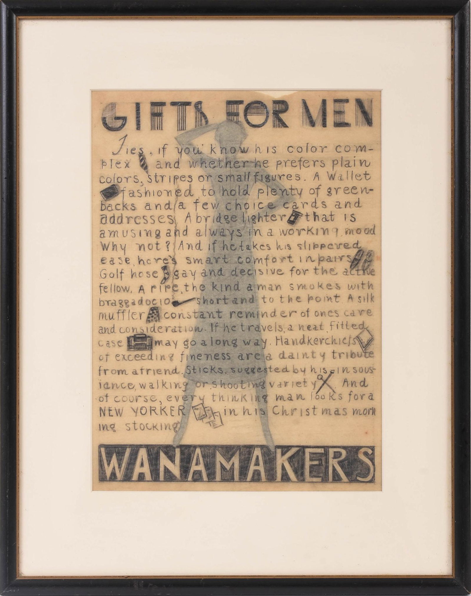 Hand Drawn Advertisment for Wanamakers.: Pencil on paper, 10.75 x 8 inches, sight.