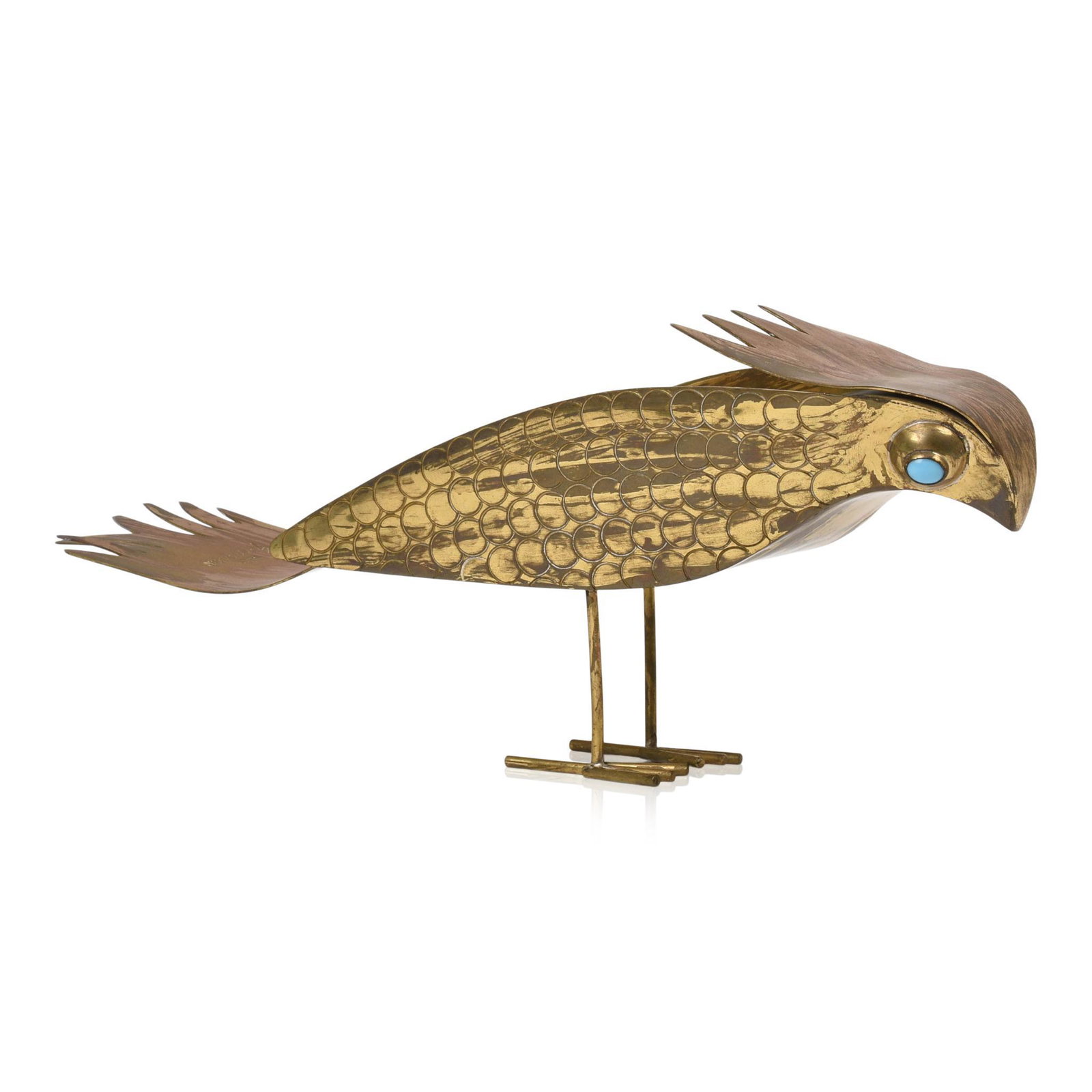 Oswaldo Guayasamin Brass and Turquoise Bird.: Length 12 inches, height 4 inches. Signed at tail.