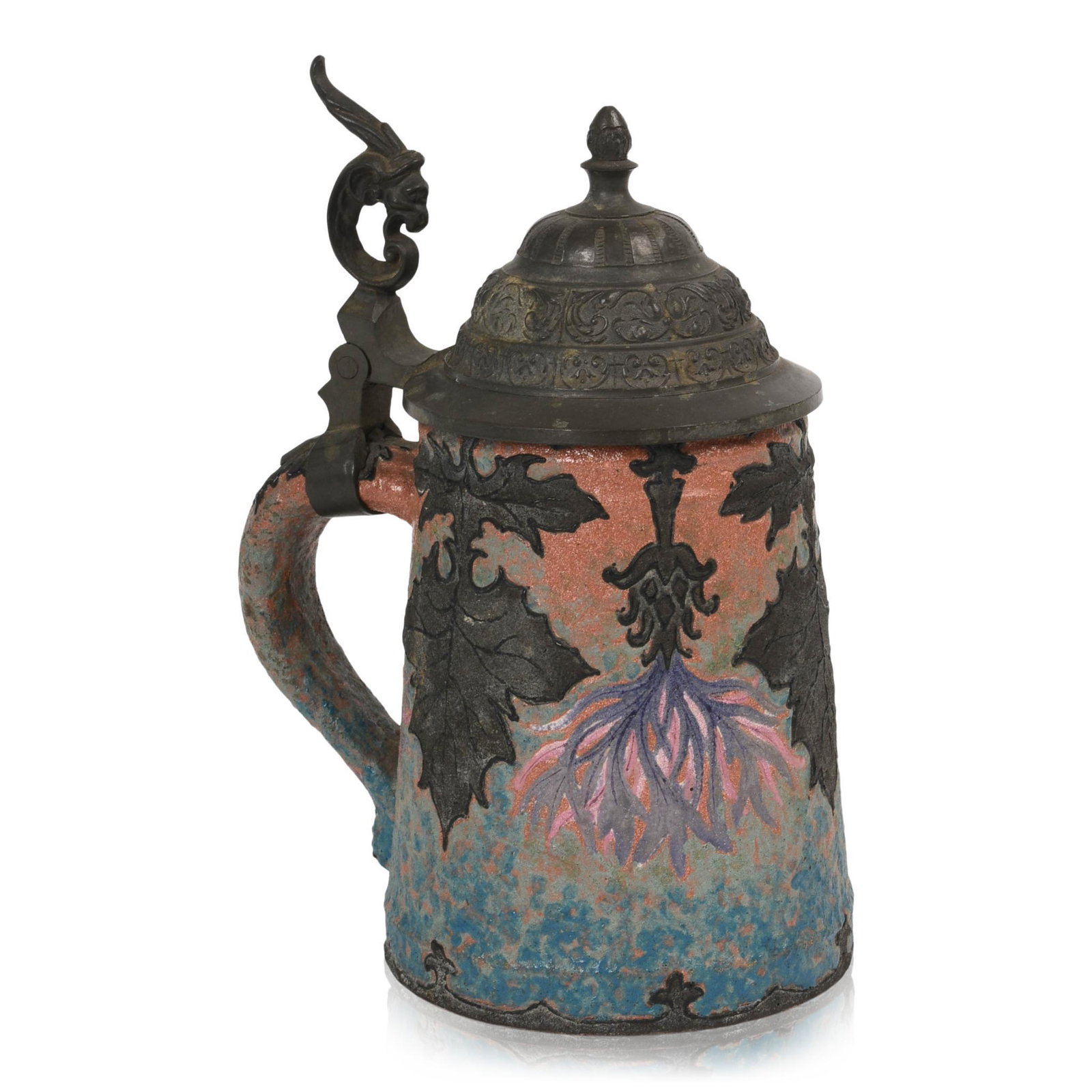 Royal Bonn Art Nouveau "Ruysdael" Art Pottery Stein: German Jugendstil, naturalistic decoration of leaves, pewter lid, marked on bottom, height