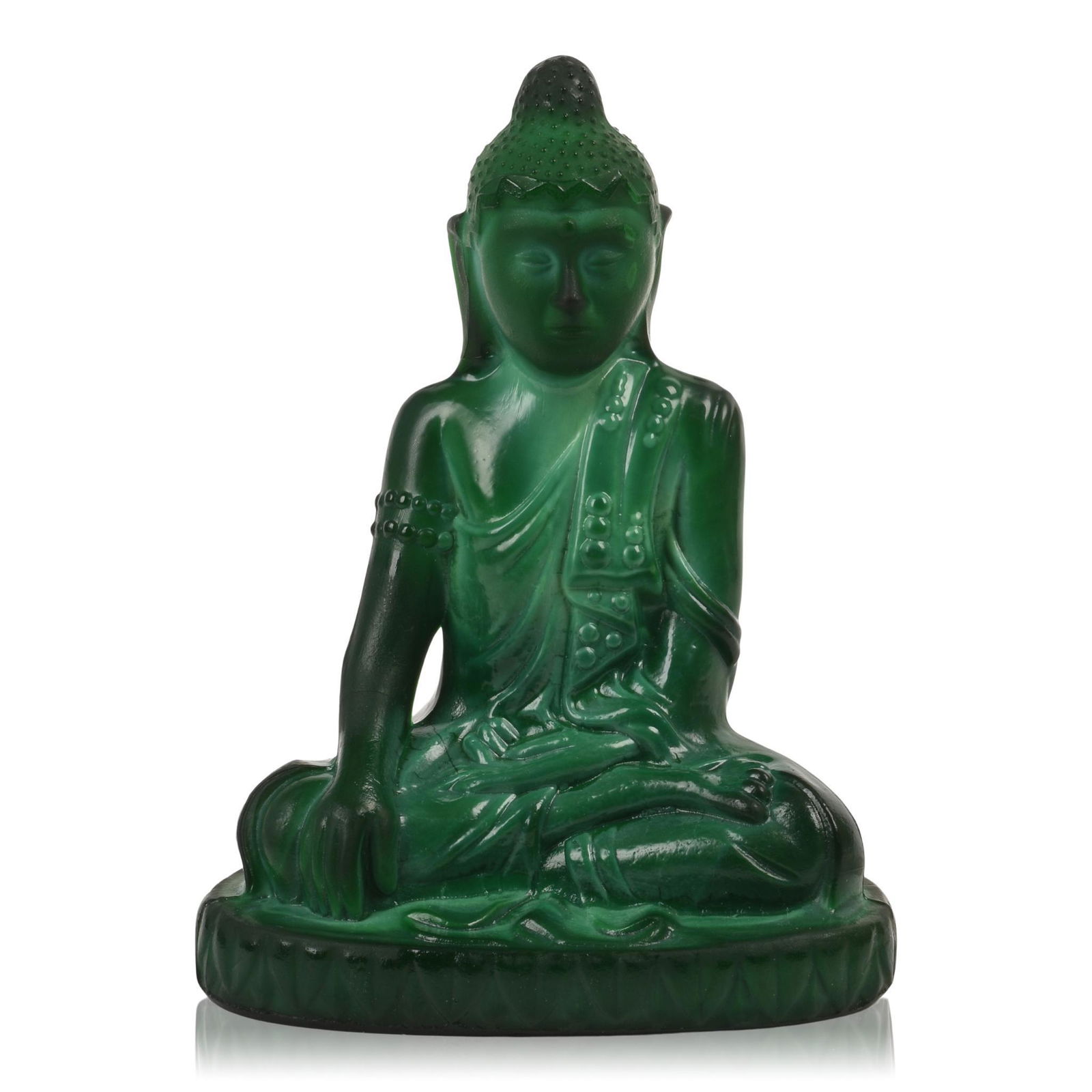 Czech Malachite Glass Seated Buddha Figurine: Bohemian Art Deco, Czechoslovakia c. 1930â€™s, unsigned. Height 8.25 inches.