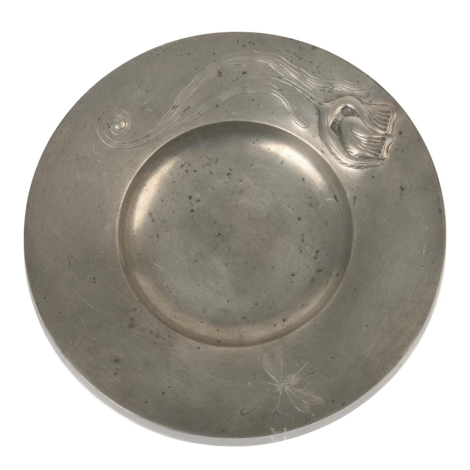 Art Nouveau Pewter Plate With Tulip and Dragonfly.: Diameter 9 inches, marked K.F. TOIZ.