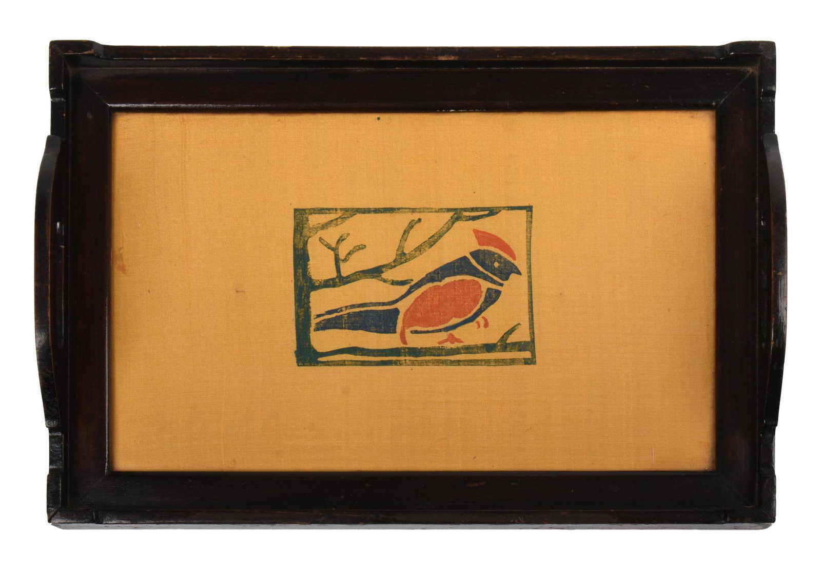 American Arts and Crafts Batik of Bird: On silk, possibly Boston, mounted in wooden tray, c. 1930, 18 x 12 inches.