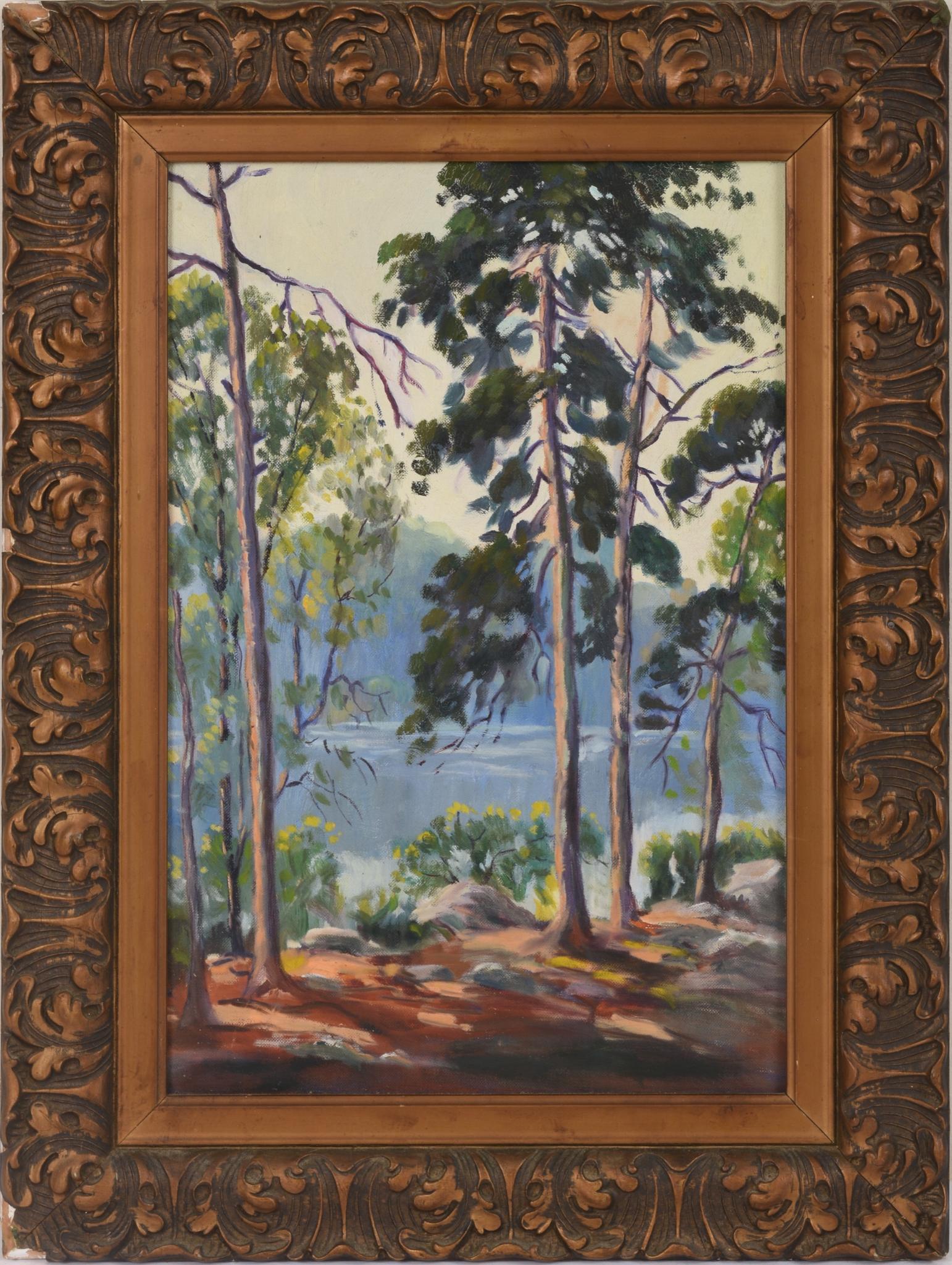 Arts & Crafts Painting of Lakeside Pines: Oil on board, 18 x 12 inches, unsigned, c. 1920, gilt frame.