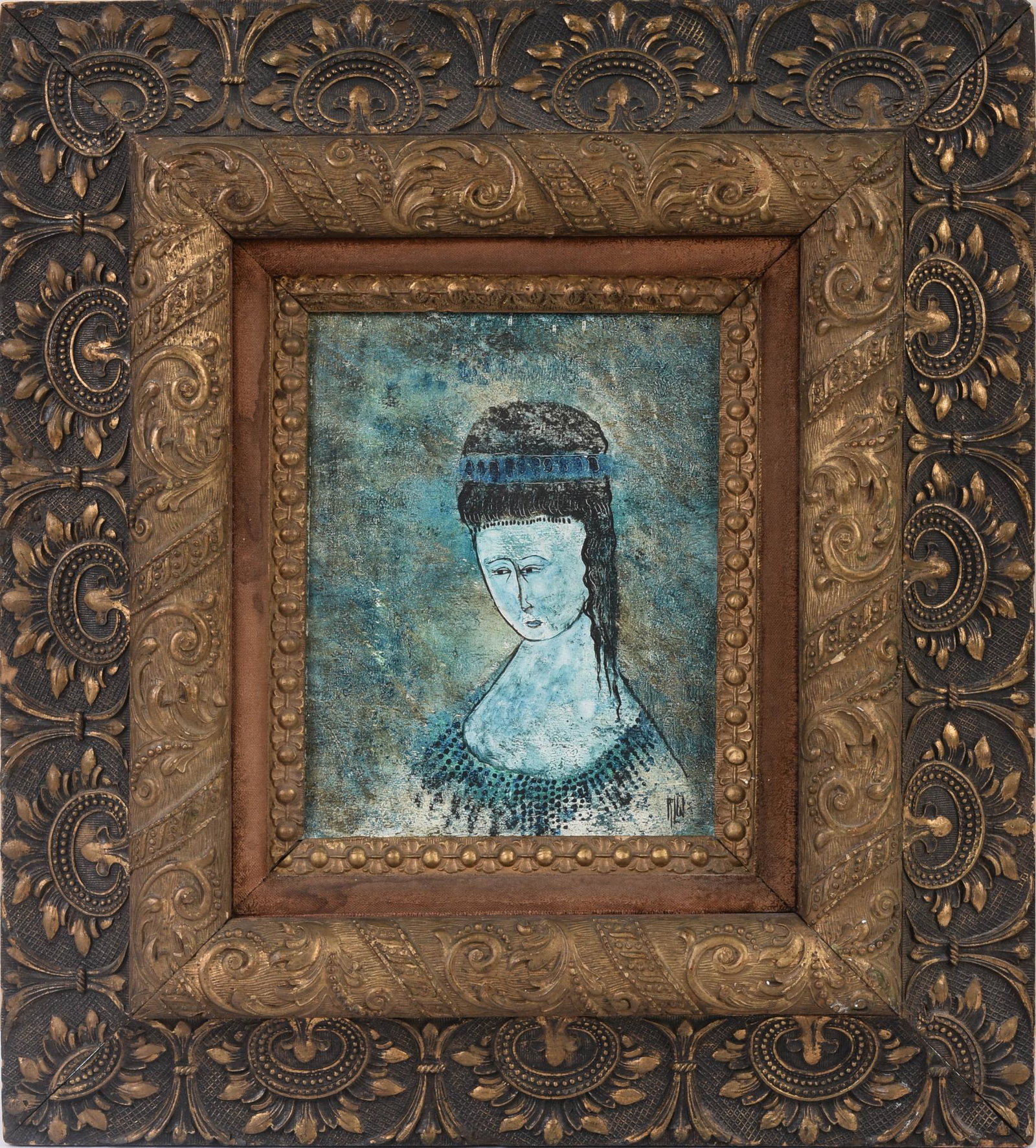 Modernist Portrait of a Woman in Shades of Blue: Oil on panel, 10 x 8 inches, signed RLW lower right, framed, 21 x 19 inches.